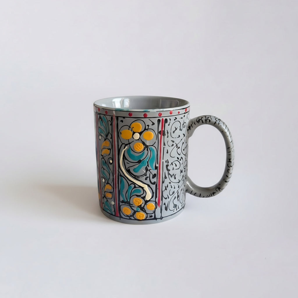 Swati Art Hand-Painted Ceramic Mug – 300ml Traditional Floral Panel Design Tea & Coffee Mug