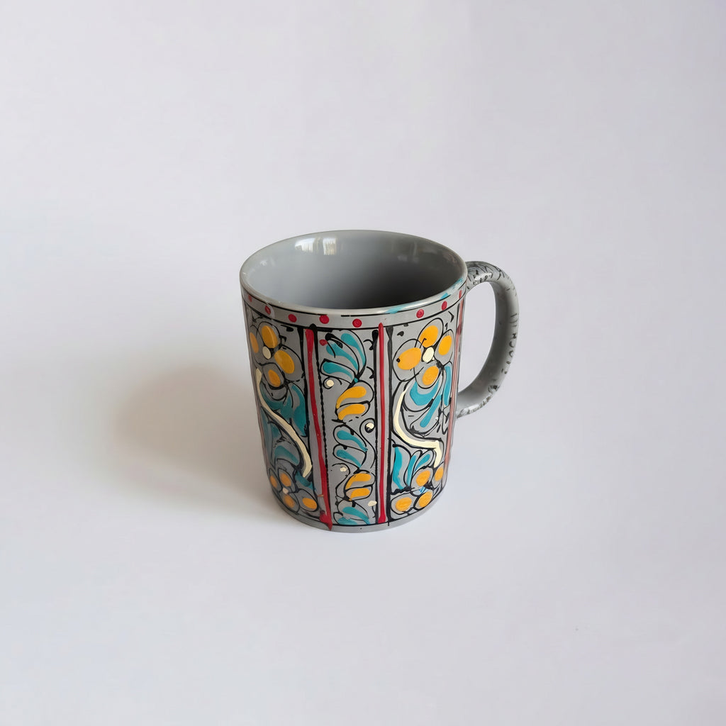 Swati Art Hand-Painted Ceramic Mug – 300ml Traditional Floral Panel Design Tea & Coffee Mug