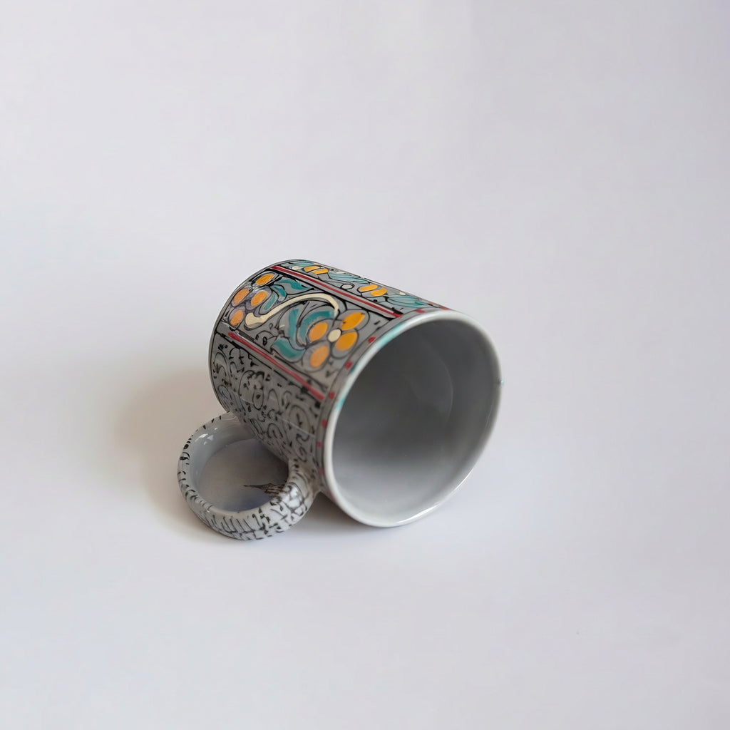 Swati Art Hand-Painted Ceramic Mug – 300ml Traditional Floral Panel Design Tea & Coffee Mug