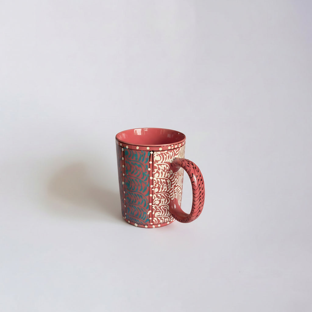Swati Art Hand-Painted Ceramic Mug – 300ml Warm Terracotta Panel Design Tea & Coffee Mug
