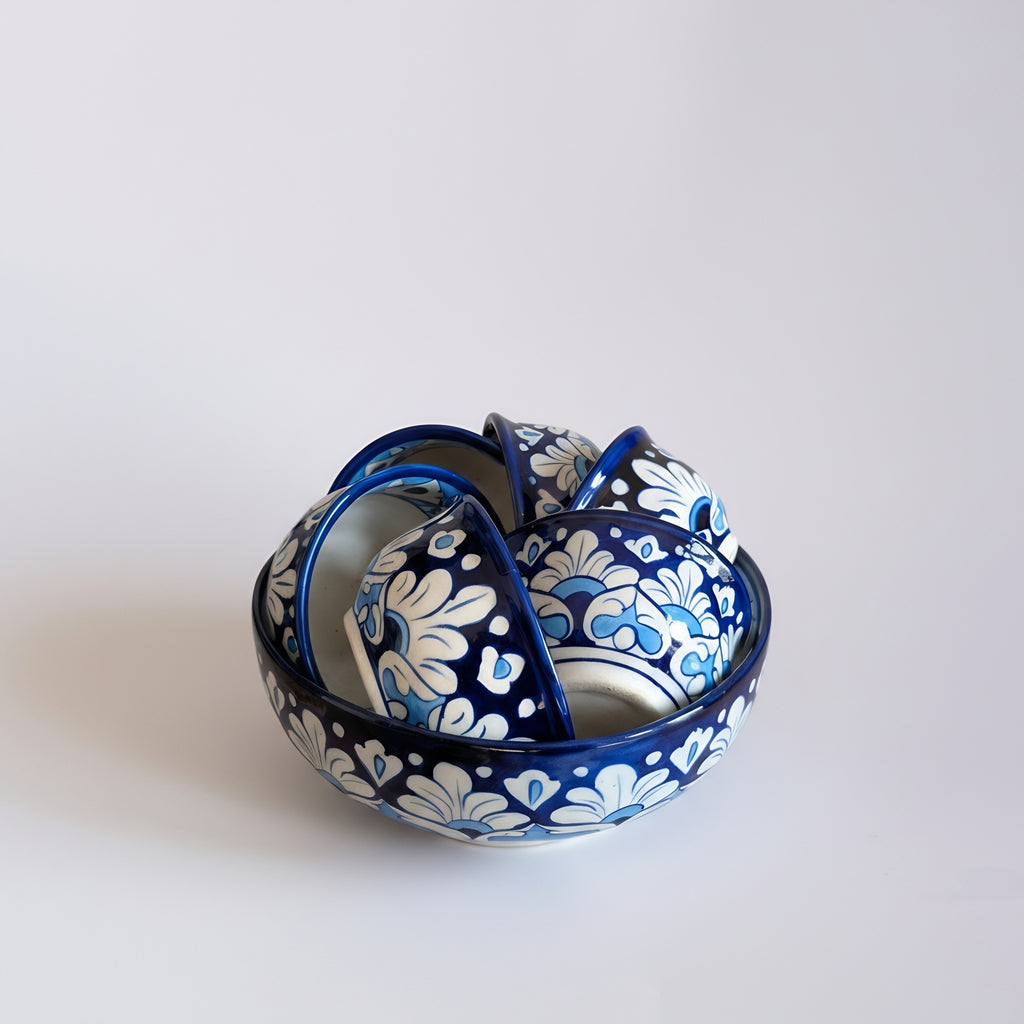 Sweet Bowl Set with 6 Small Bowls — handmade blue pottery — Craftan Pakistan