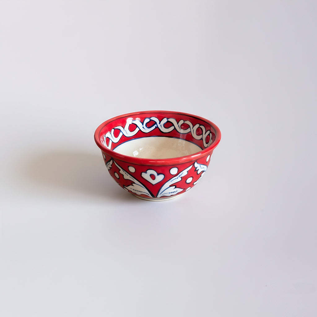 Six small serving bowls in blue pottery with red botanical patterns — Craftan Pakistan