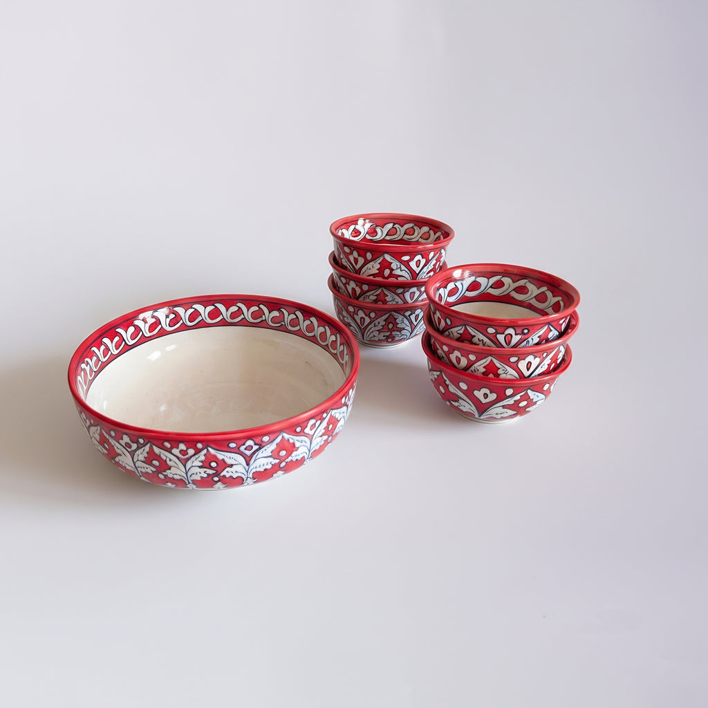 Red Floral Blue Pottery Sweet Bowl Set — handmade ceramic — Craftan Pakistan