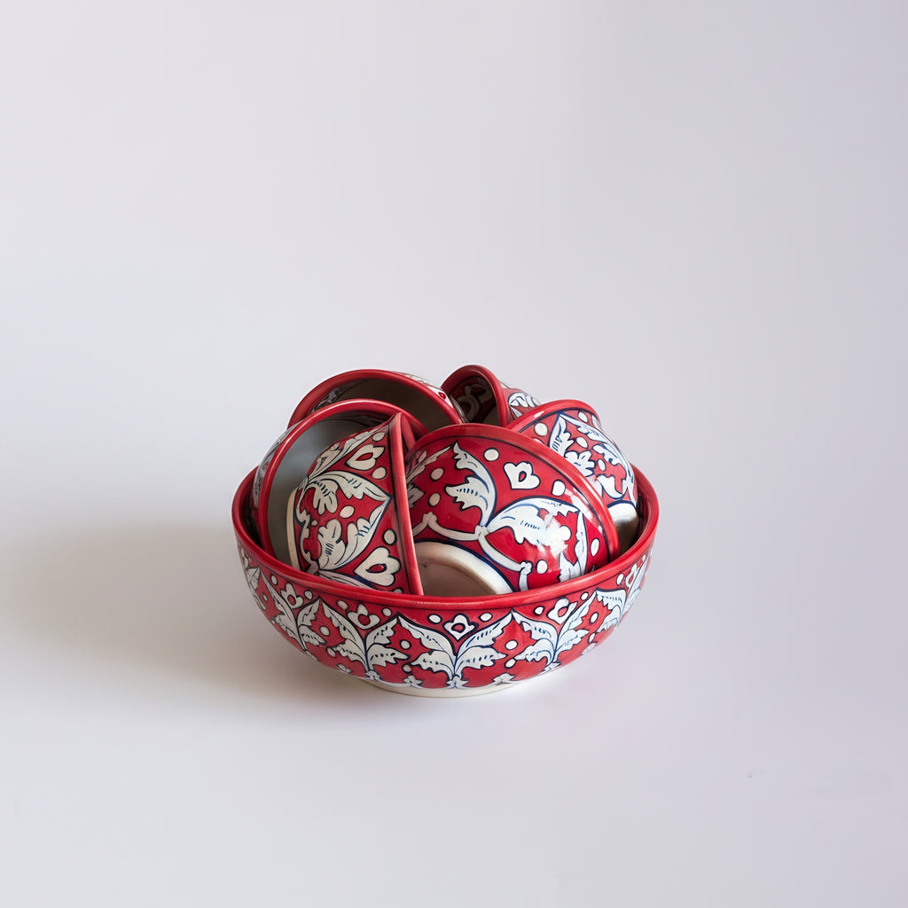 Traditional Multani ceramic sweet bowls decorated with hand-painted red florals — Craftan Pakistan