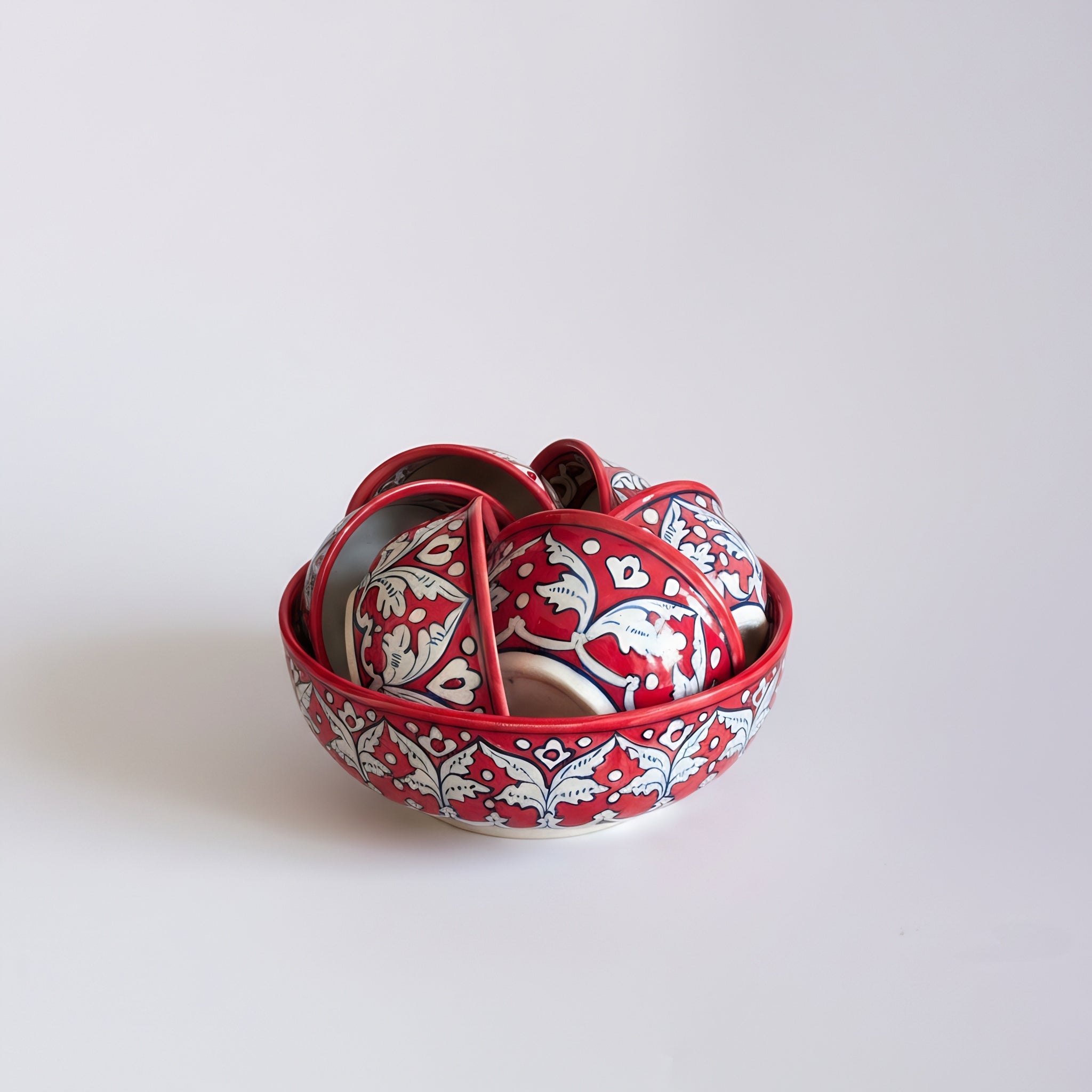 Traditional Multani ceramic sweet bowls decorated with hand-painted red florals — Craftan Pakistan