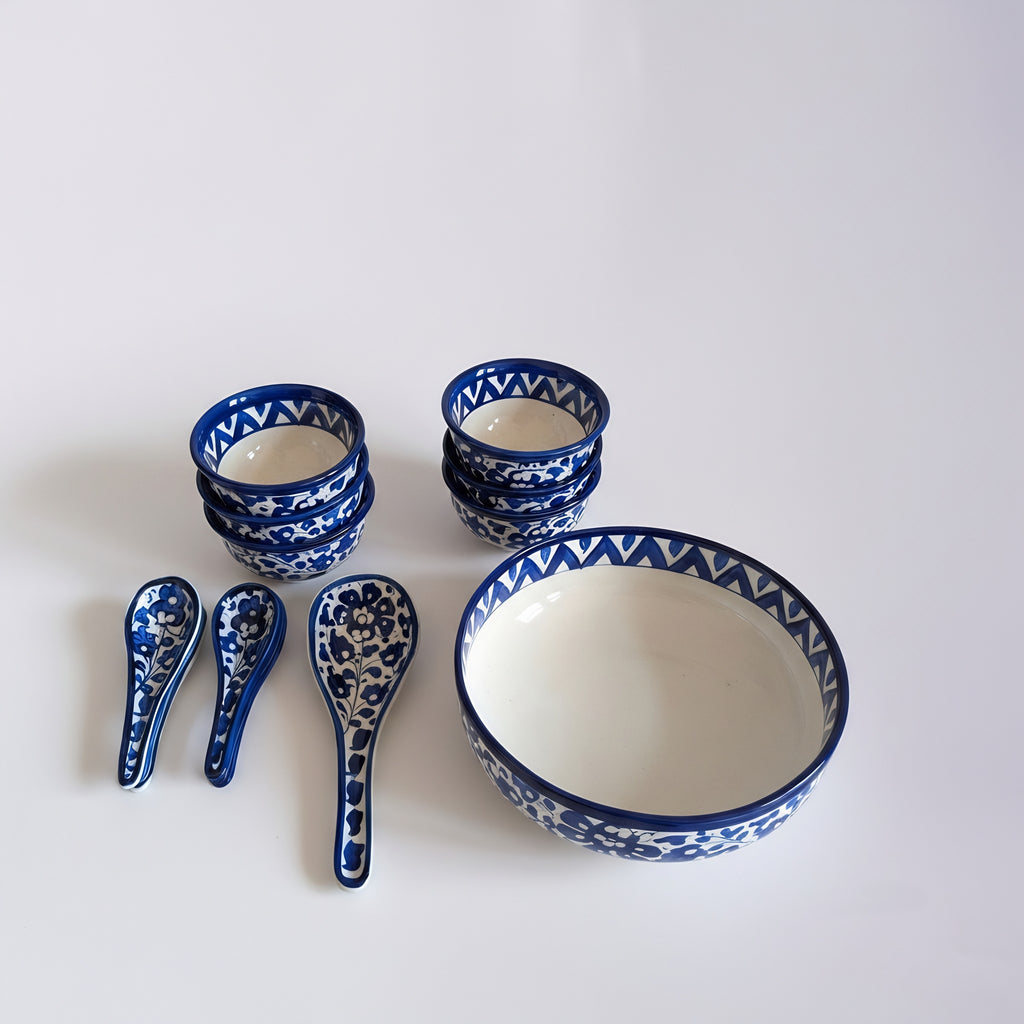 Blue Floral Soup & Sweet Serving Set — handmade Multani pottery — Craftan Pakistan