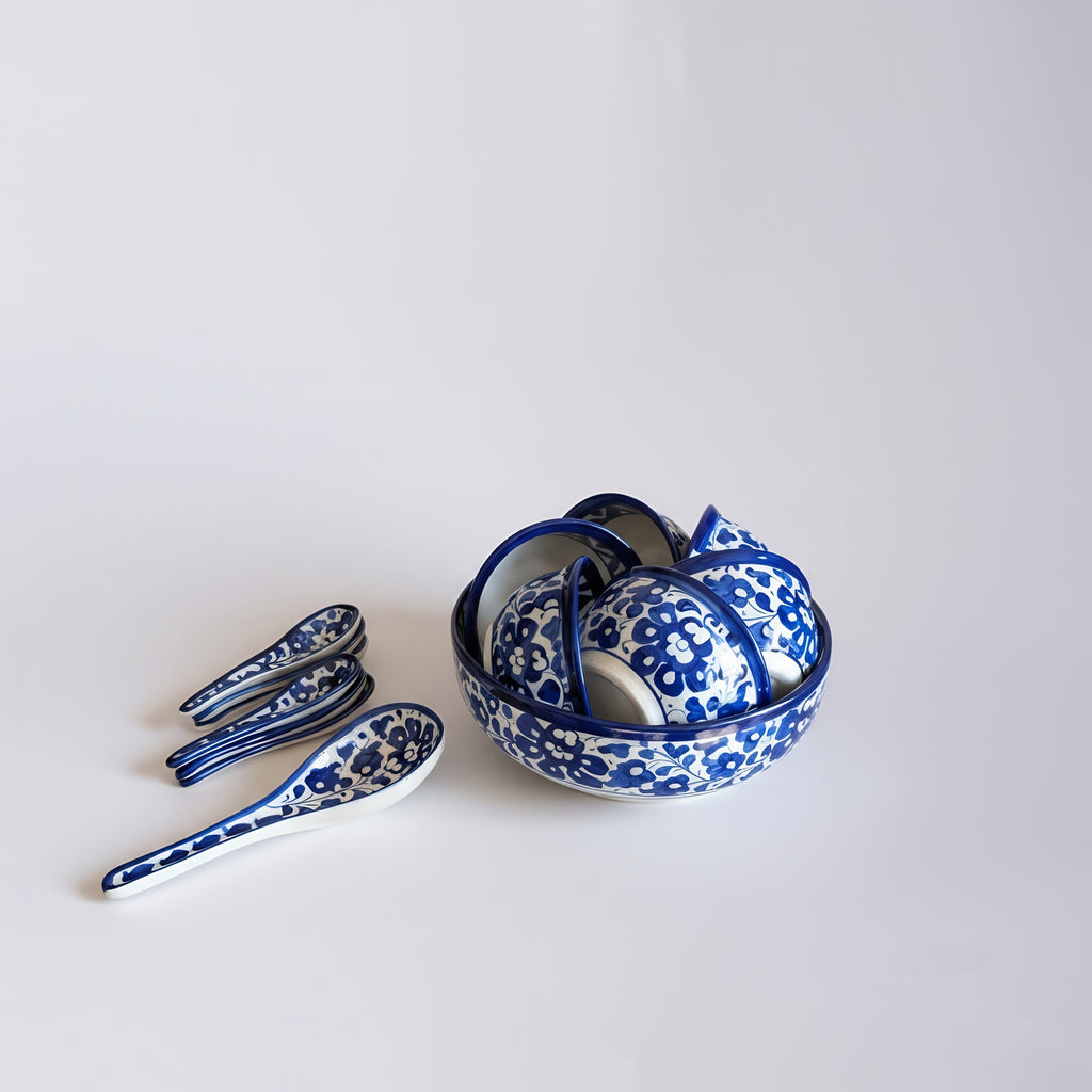 Blue Floral Soup & Sweet Serving Set — Multani blue pottery with floral motifs — Craftan Pakistan