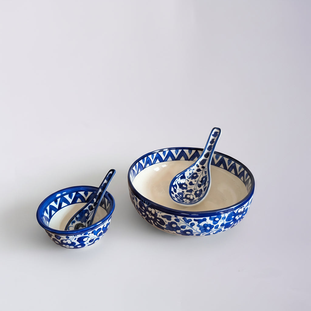 Blue Floral Soup & Sweet Serving Set — artisan blue pottery dinnerware — Craftan Pakistan