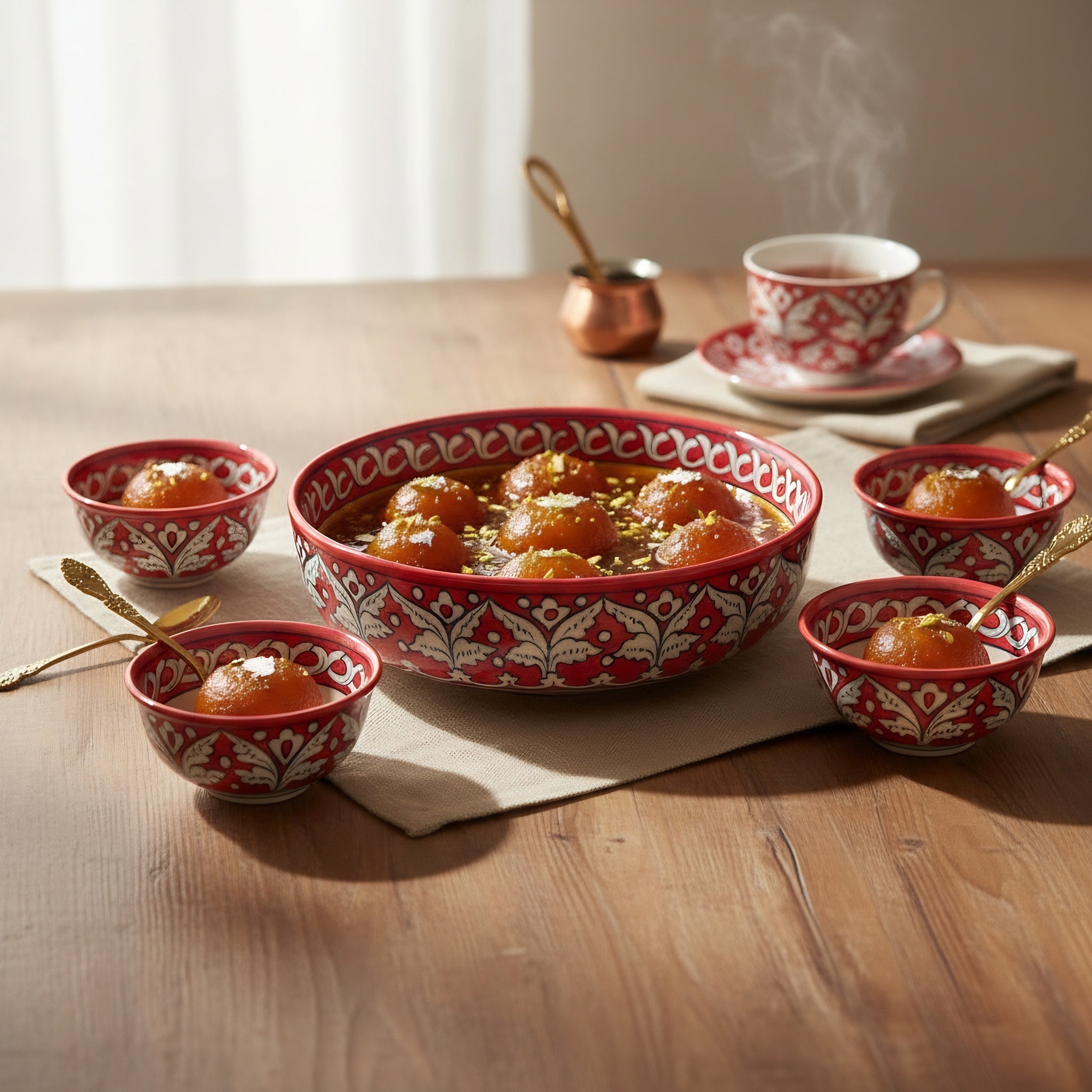 Authentic Pakistani blue pottery bowl set featuring timeless red floral motifs — Craftan Pakistan