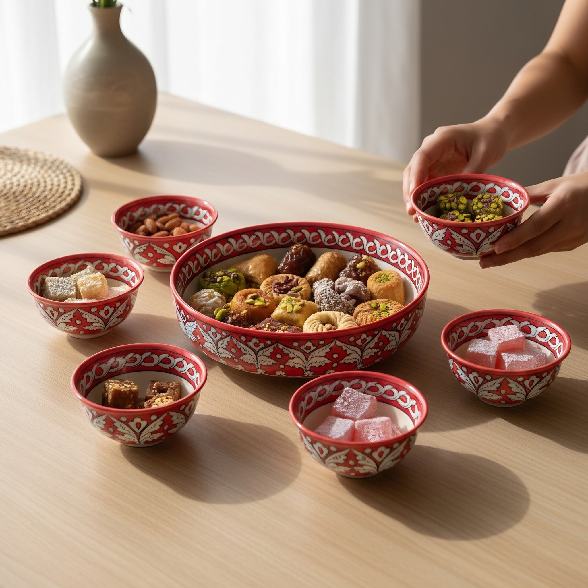 Red Floral Blue Pottery Sweet Bowl Set with 6 Small Bowls