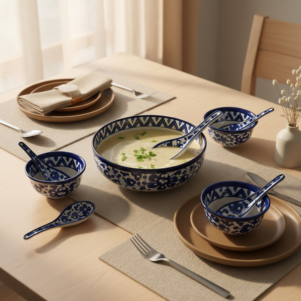 Blue Floral Soup & Sweet Serving Set — Multani pottery with intricate patterns — Craftan Pakistan