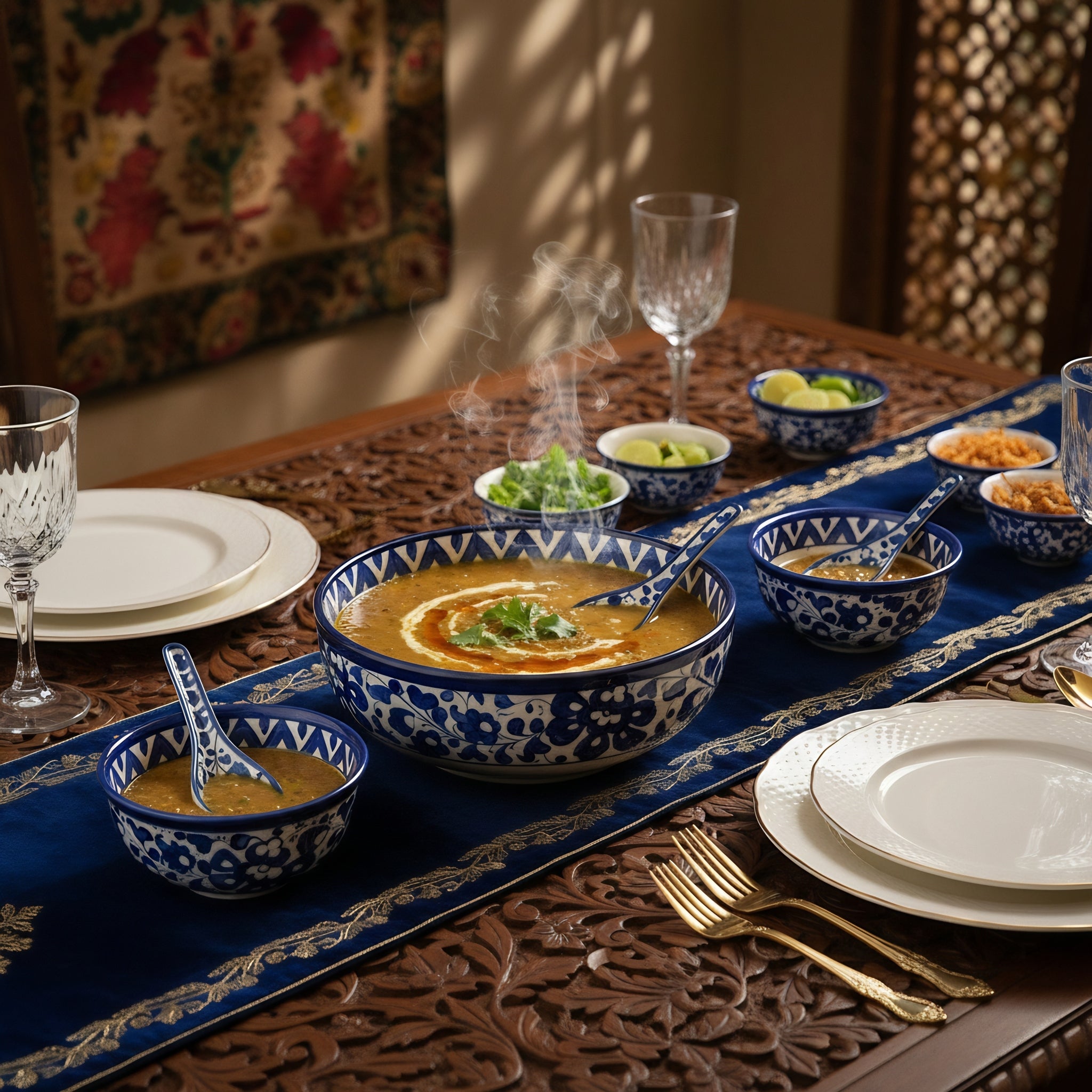 Blue Floral Soup & Sweet Serving Set — traditional Pakistani ceramic bowls — Craftan Pakistan