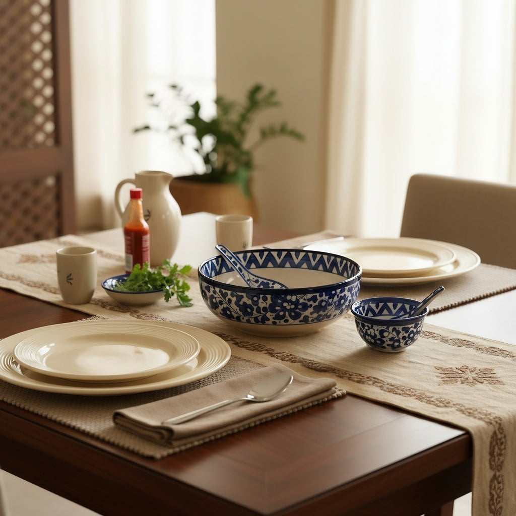 Blue Floral Soup & Sweet Serving Set — blue pottery soup bowls detail — Craftan Pakistan