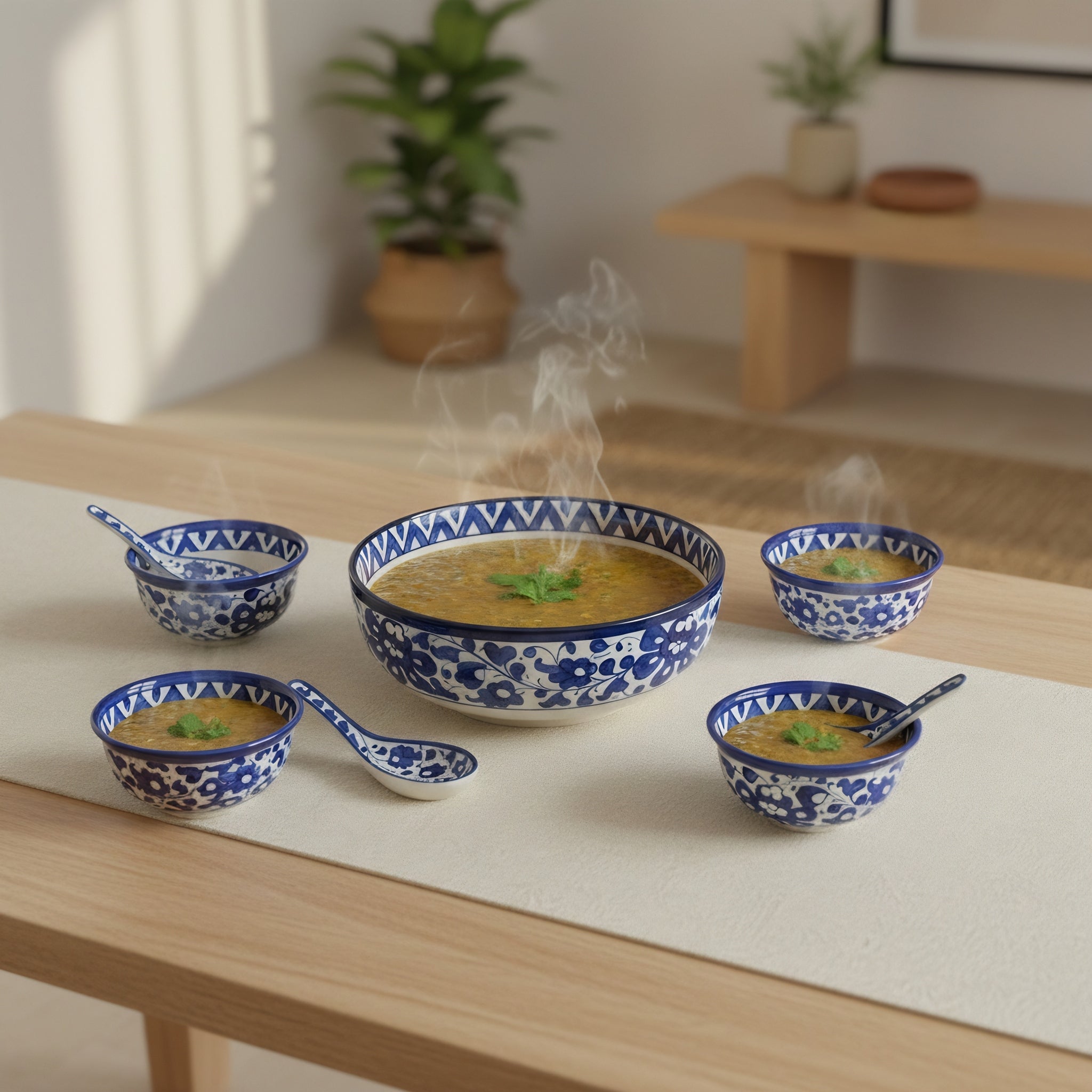 Blue Floral Soup & Sweet Serving Set — handmade serving set arrangement — Craftan Pakistan