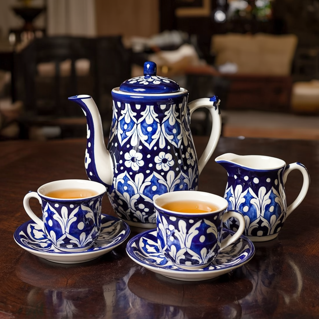 Blue and white ceramic multani blue pottery tea set on a wooden table