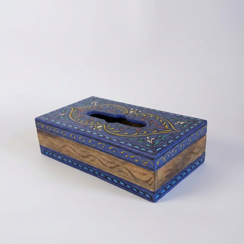 Handmade wooden tissue cover featuring traditional Swati blue geometric patterns — Craftan Pakistan