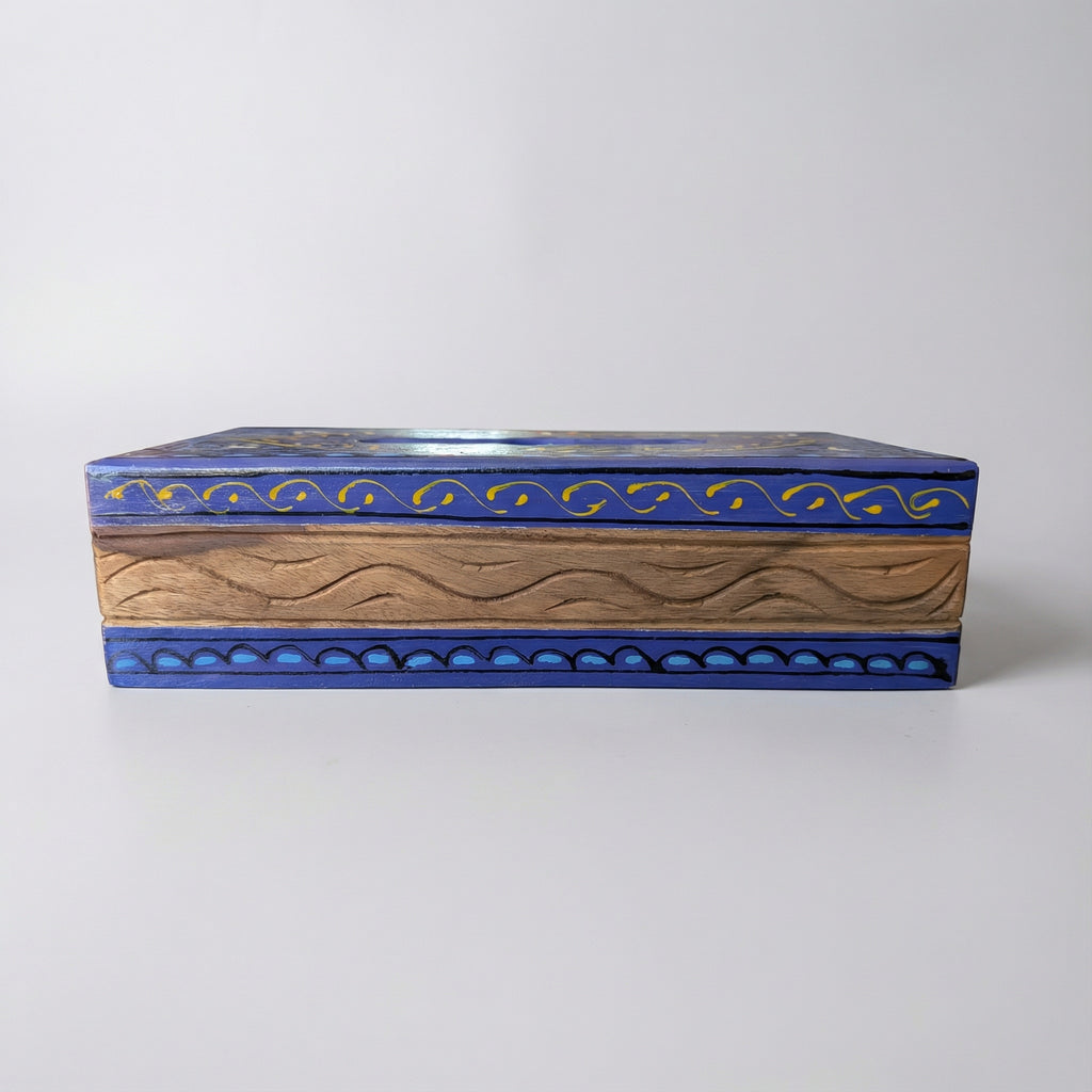 6x11 inch Swati carved wooden tissue box with deep blue finish — Craftan Pakistan