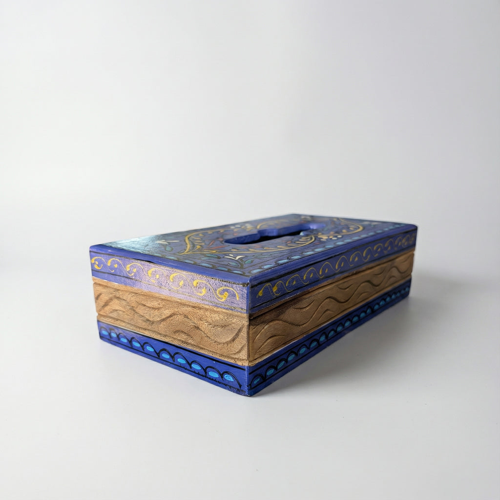 Swati Hand-Painted Tissue Box Cover Deep Blue — handmade wooden — Craftan Pakistan