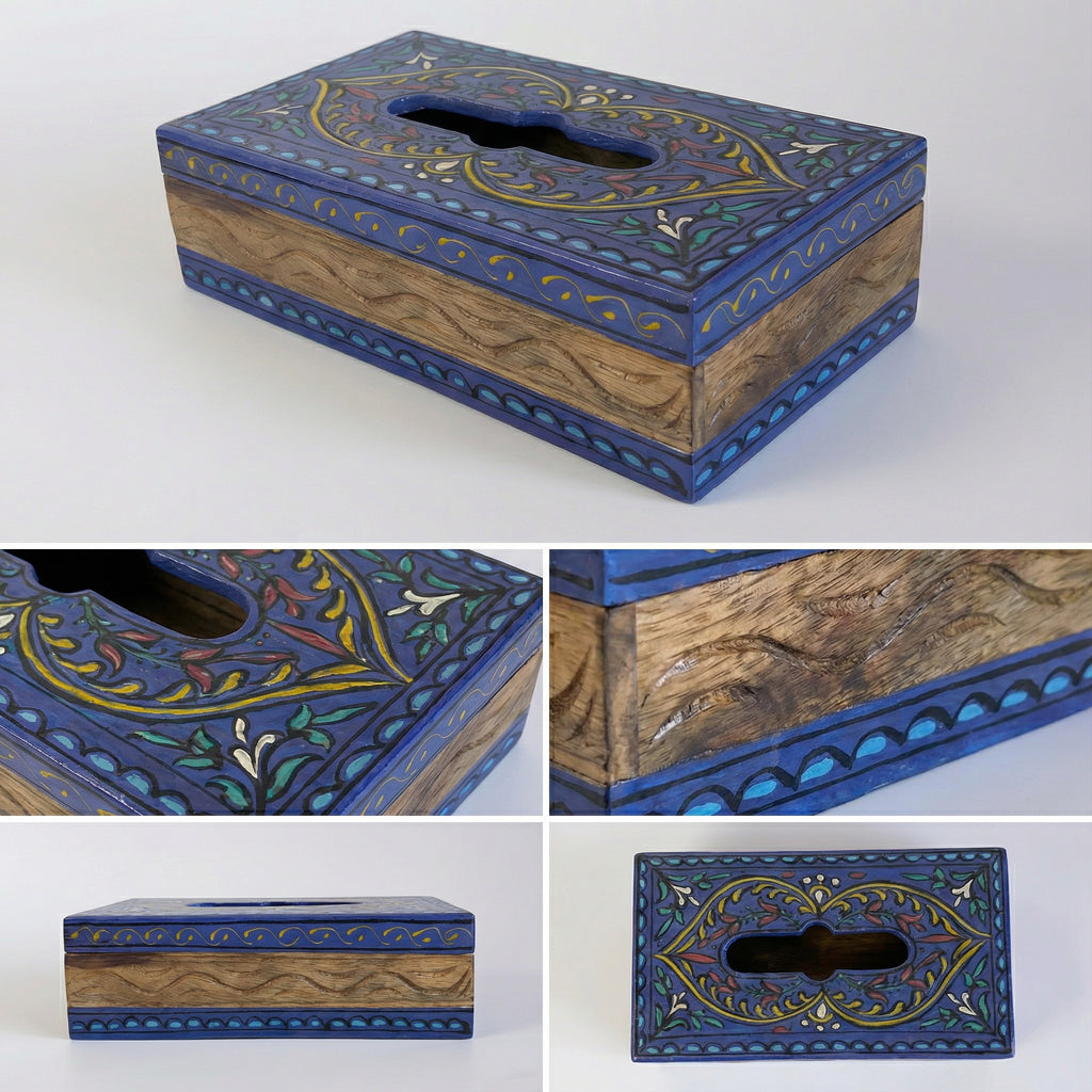 Deep blue Swati tissue box with intricate painted floral motifs — Craftan Pakistan