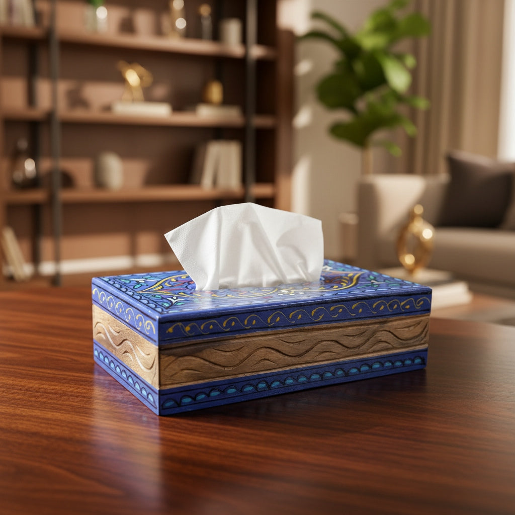 Deep blue Swati tissue box cover showcasing traditional Pakistani wooden artistry — Craftan Pakistan