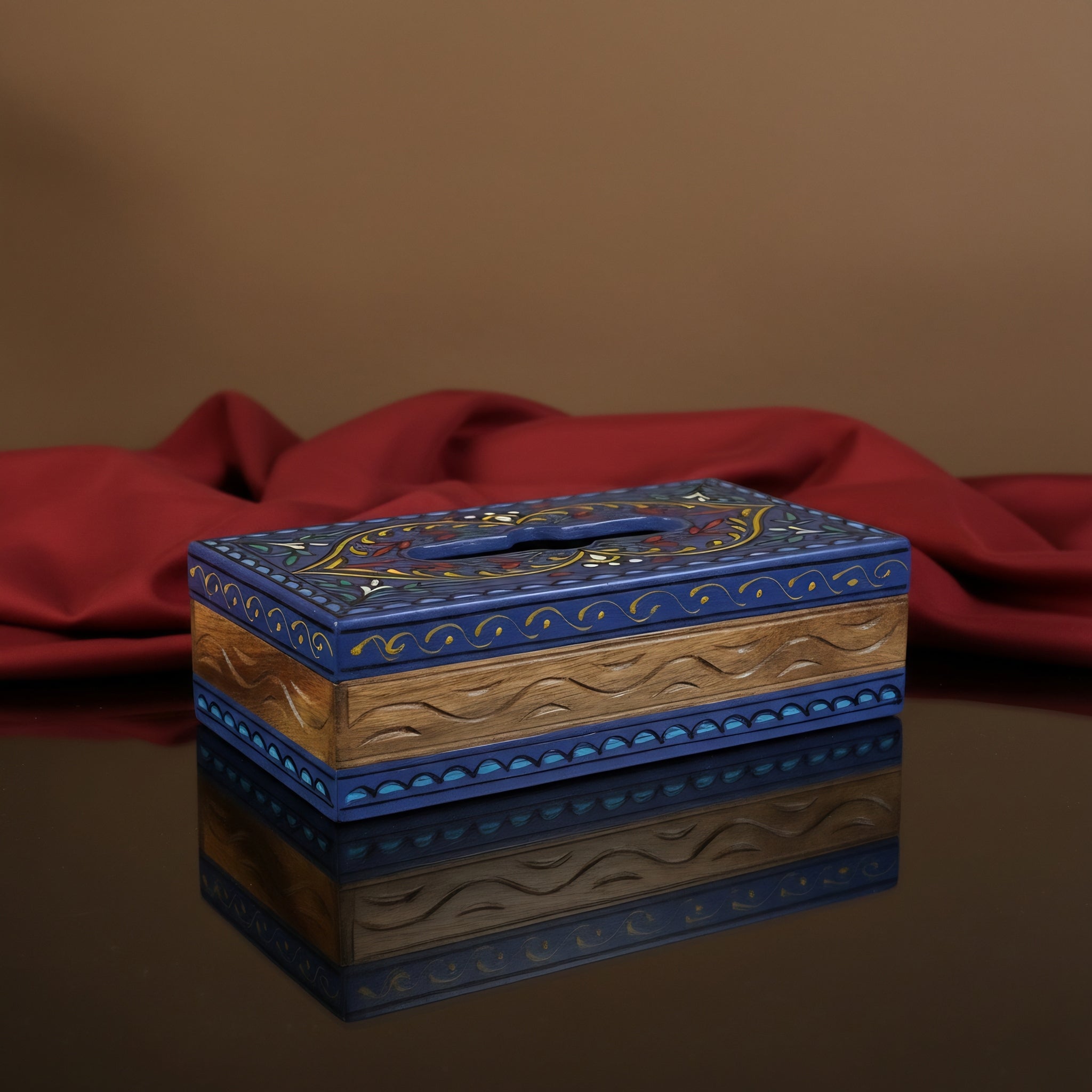 Handcrafted Swati tissue cover revealing fine wooden grain through blue paint — Craftan Pakistan