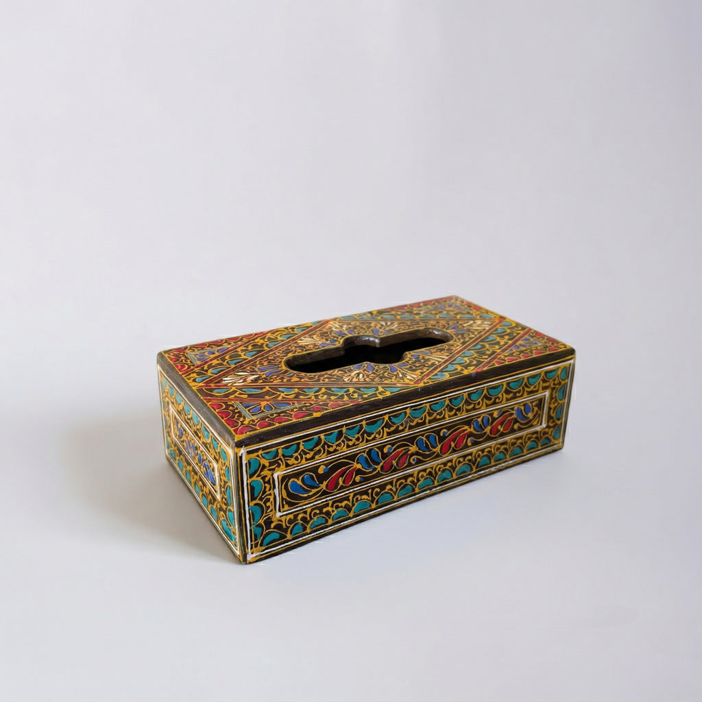 Swati Hand-Painted Tissue Box Cover Black Base — wooden craft — Craftan Pakistan