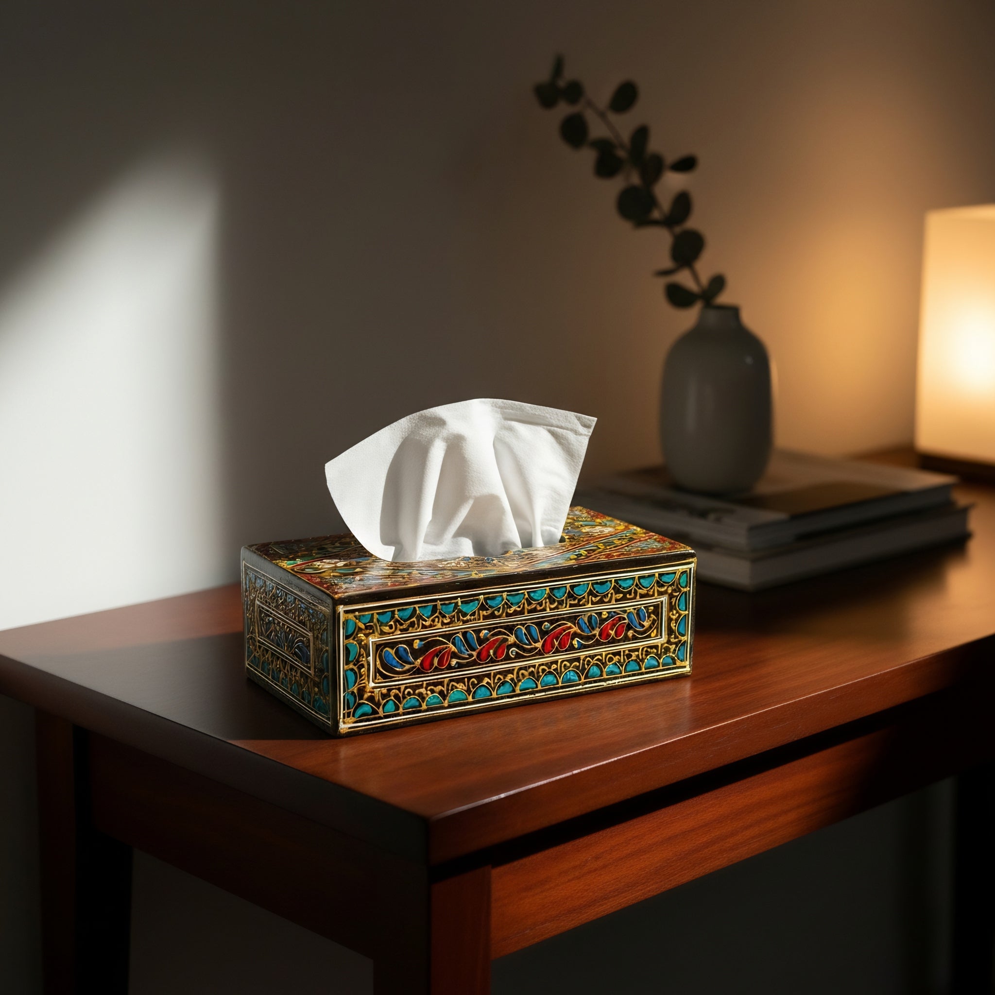 Swati Hand-Painted Black Base Tissue Cover Traditional Wooden Pakistani Craft — Craftan Pakistan