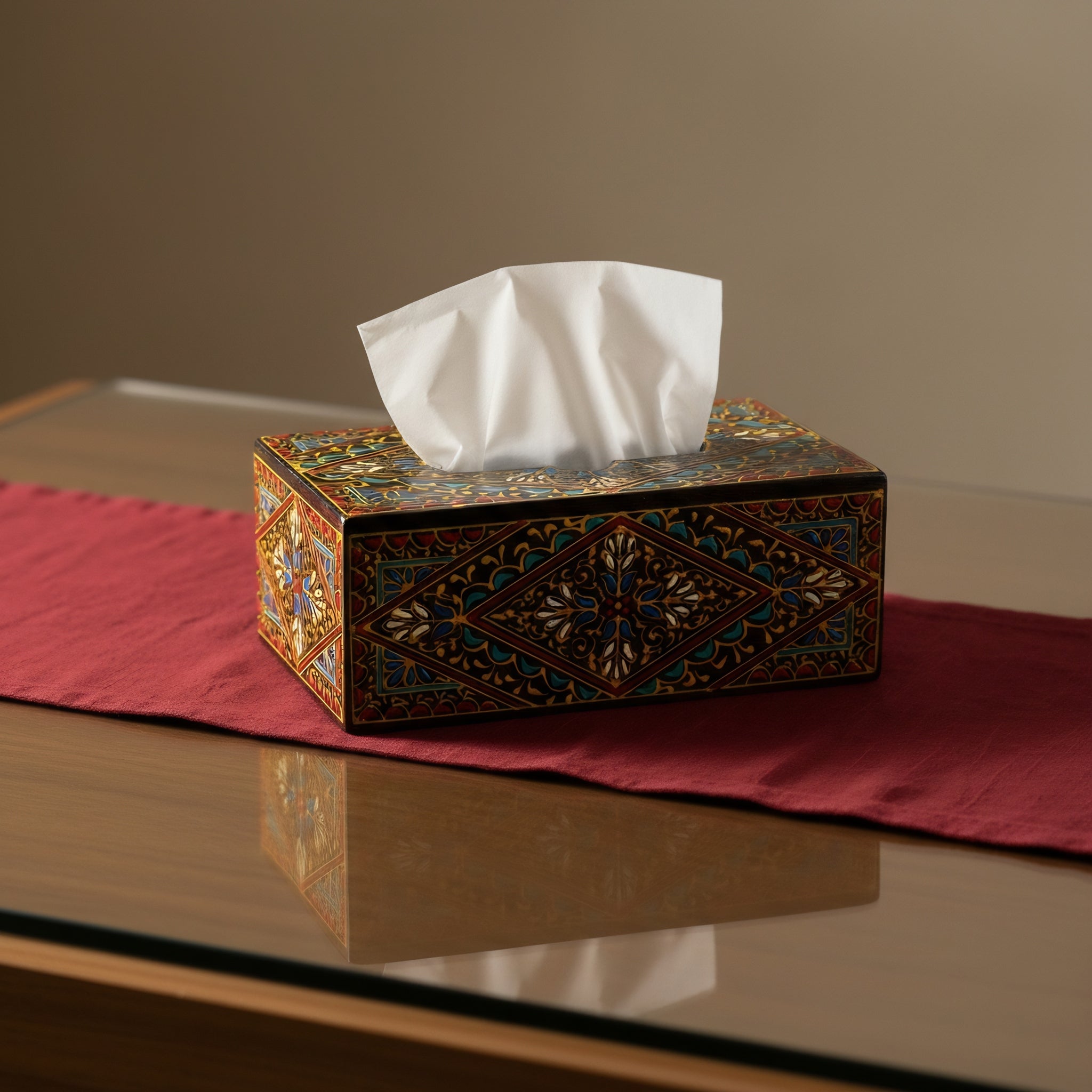 Swati Pakistani Wooden Tissue Cover Hand-Painted Decorative Black Base — Craftan Pakistan