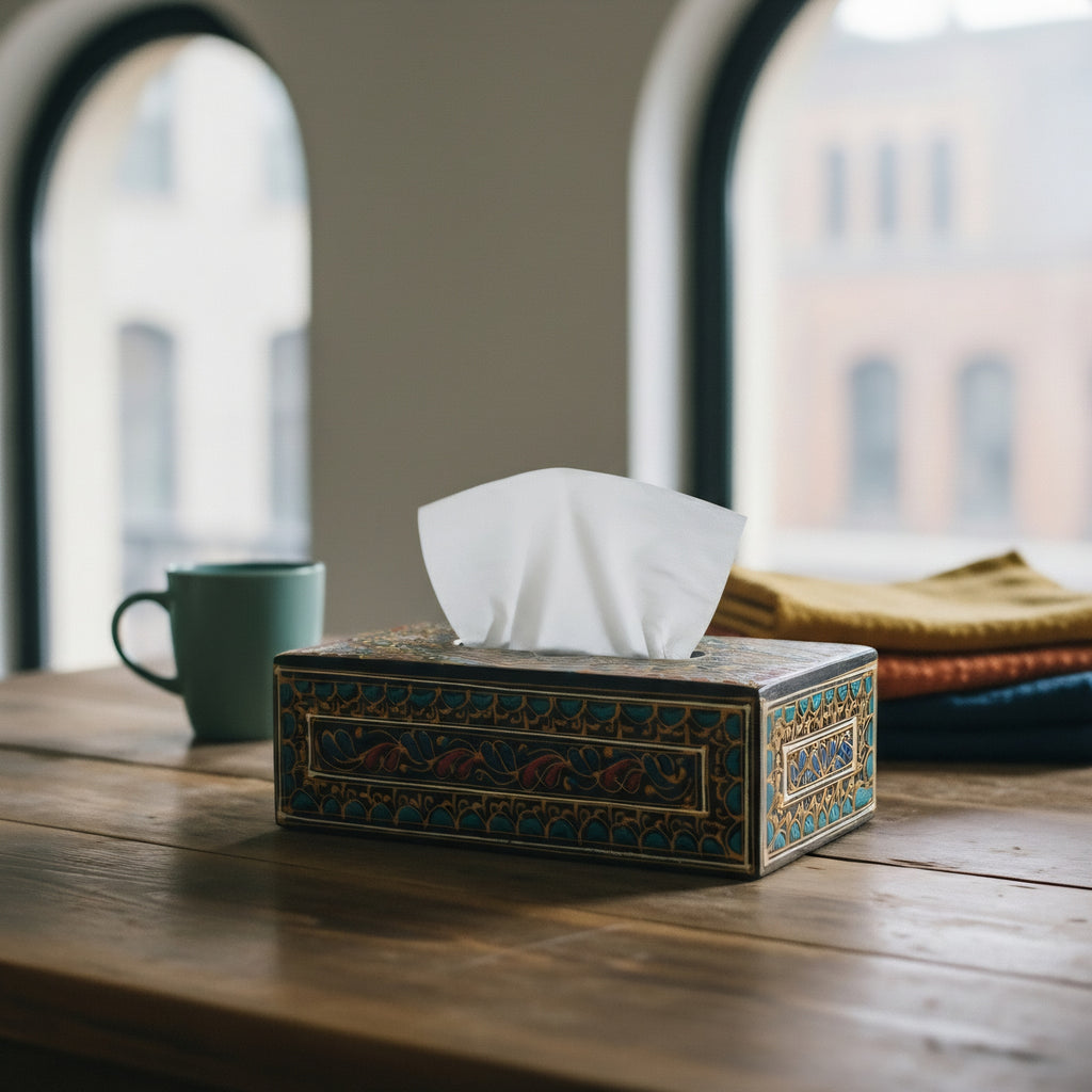 Swati Hand-Painted Wooden Tissue Box Cover Traditional Black Finish — Craftan Pakistan