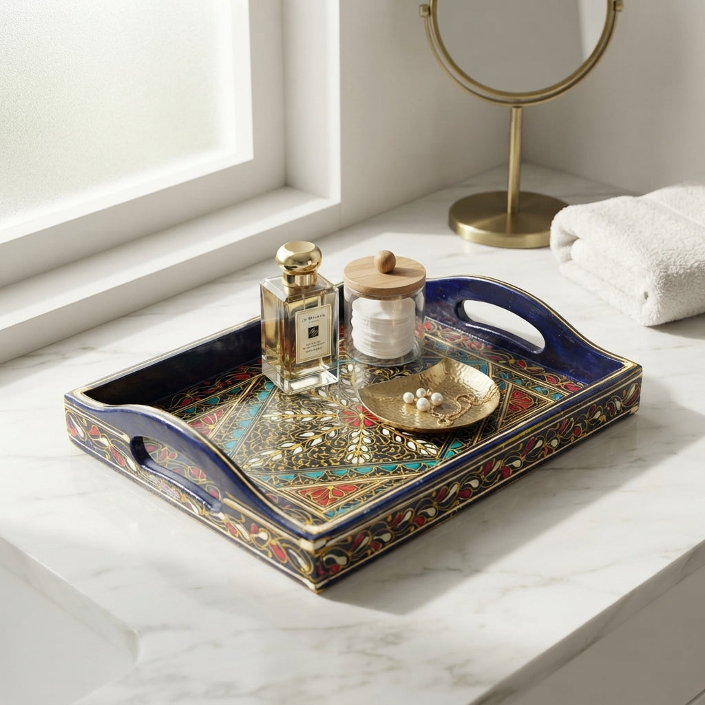 Navy Swati Wooden Tray - 8x12 Inch Hand-Painted Diamond Medallion Tray