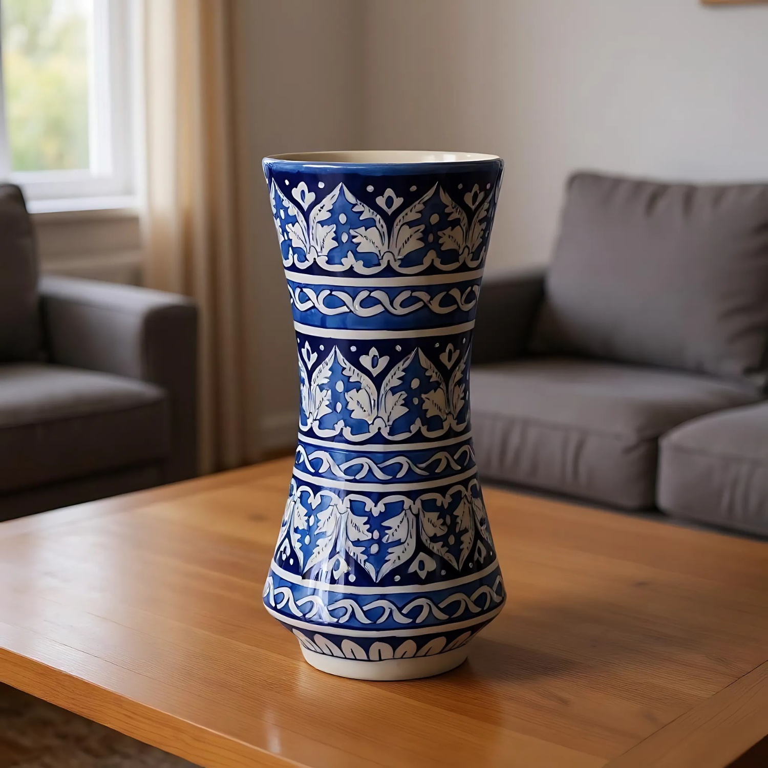 Decorative blue and white Multani blue pottery vase on a wooden table with a living room background
