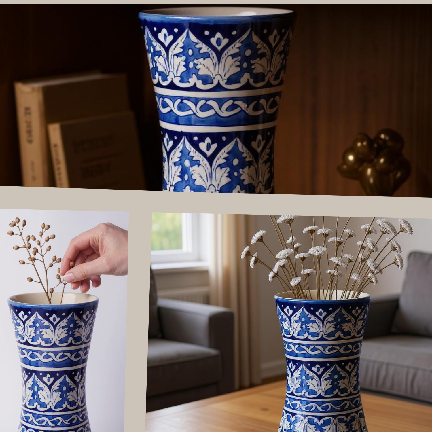 Blue and white patterned Multani blue pottery vase with decorative elements on a wooden surface.