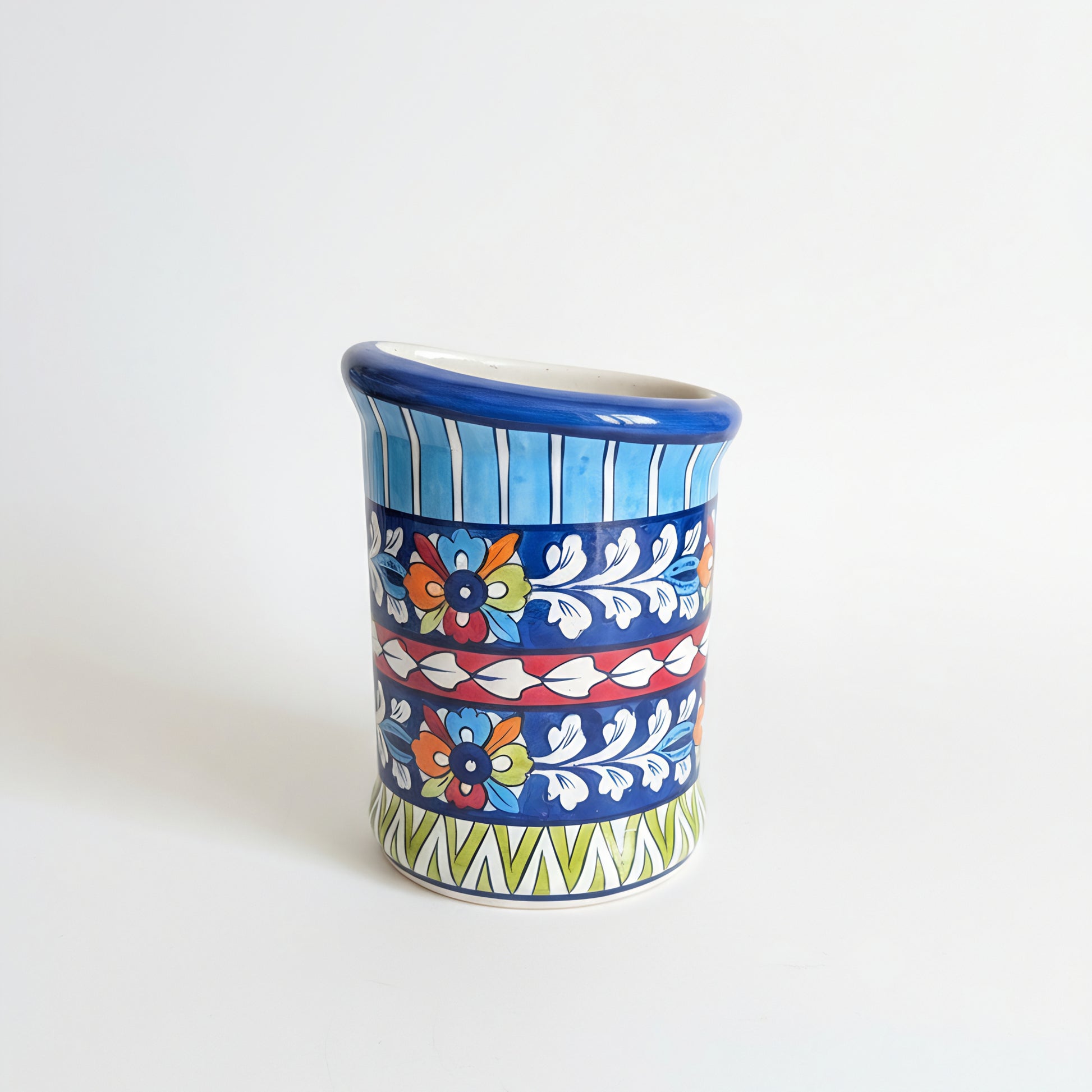 Blue Pottery Wall Planter — 6″ High × 2.5″ Deep Multani Ceramic (Floral Bands with Slant Rim)