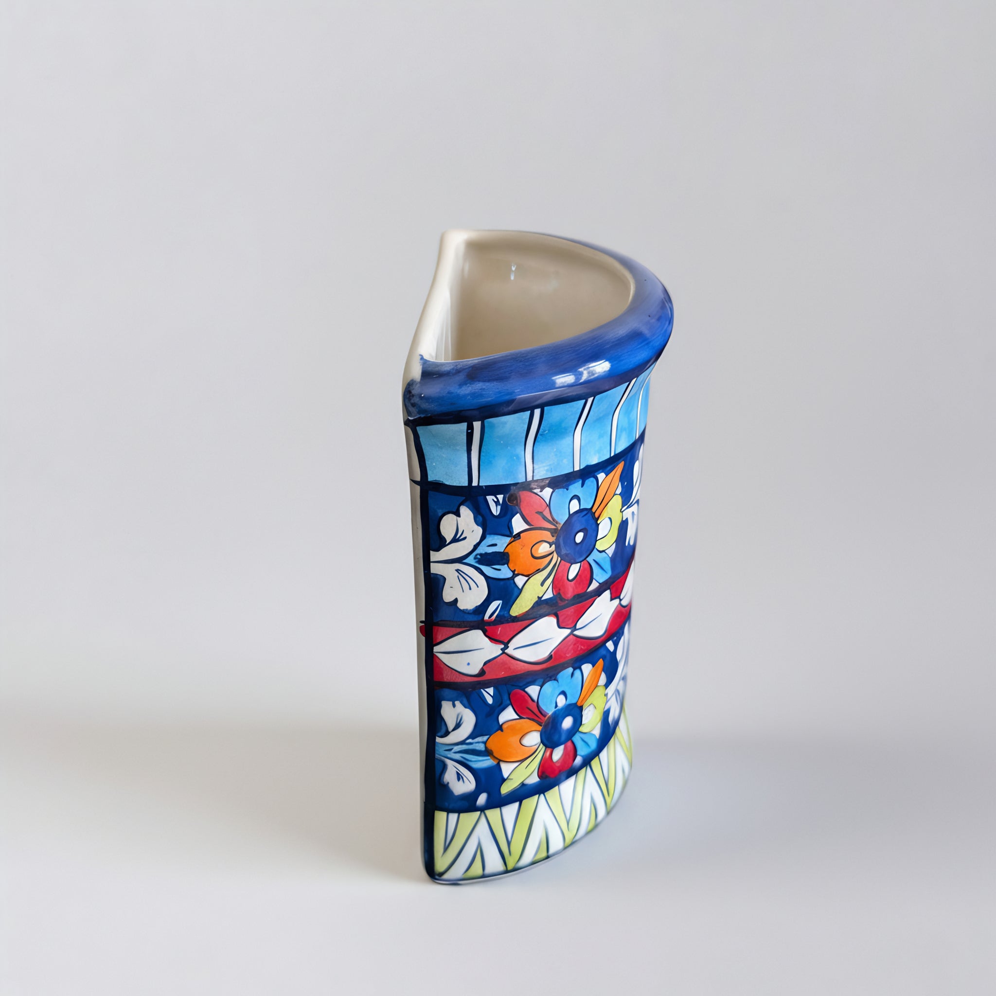 Blue Pottery Wall Planter — 6″ High × 2.5″ Deep Multani Ceramic (Floral Bands with Slant Rim)