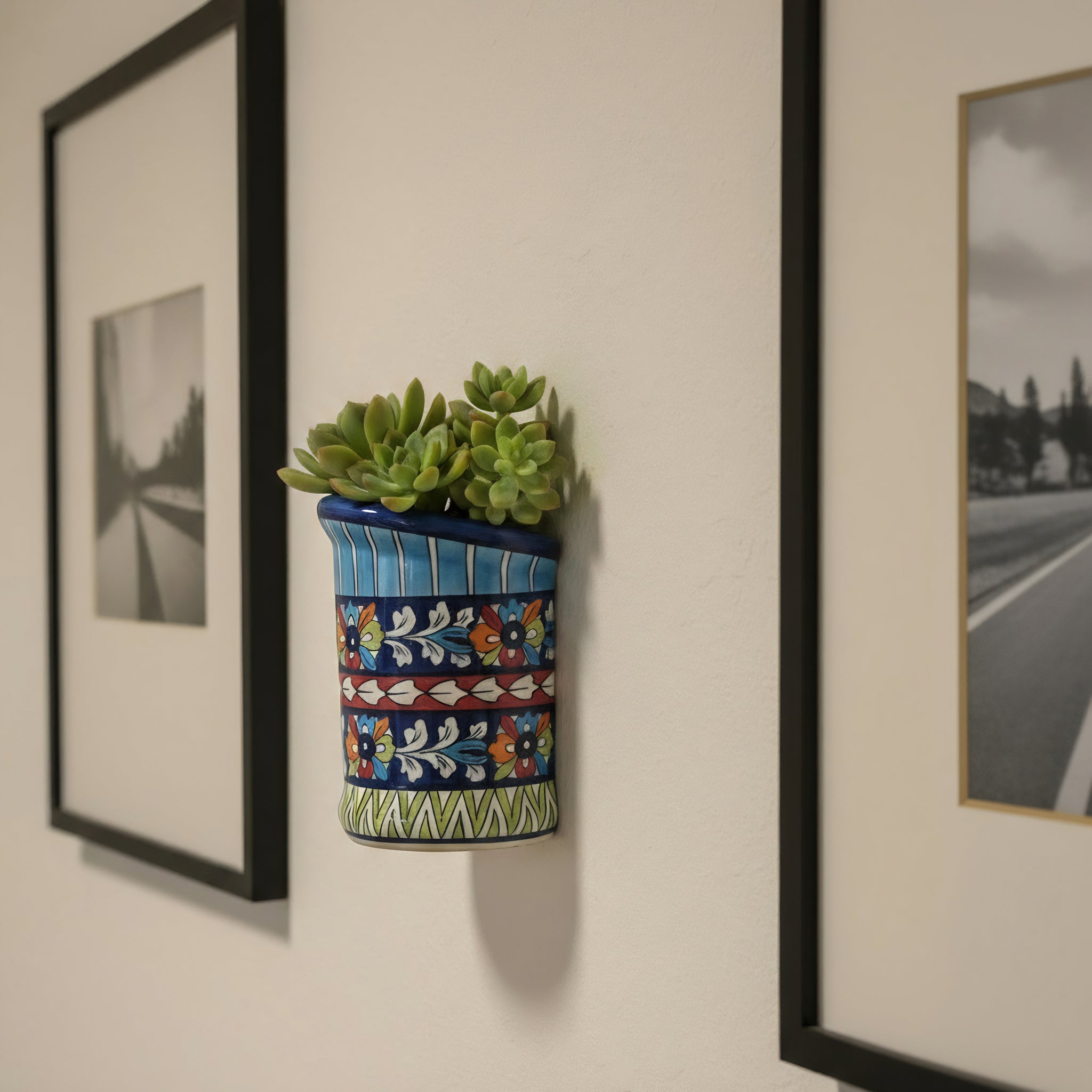 Blue Pottery Wall Planter — 6″ High × 2.5″ Deep Multani Ceramic (Floral Bands with Slant Rim)