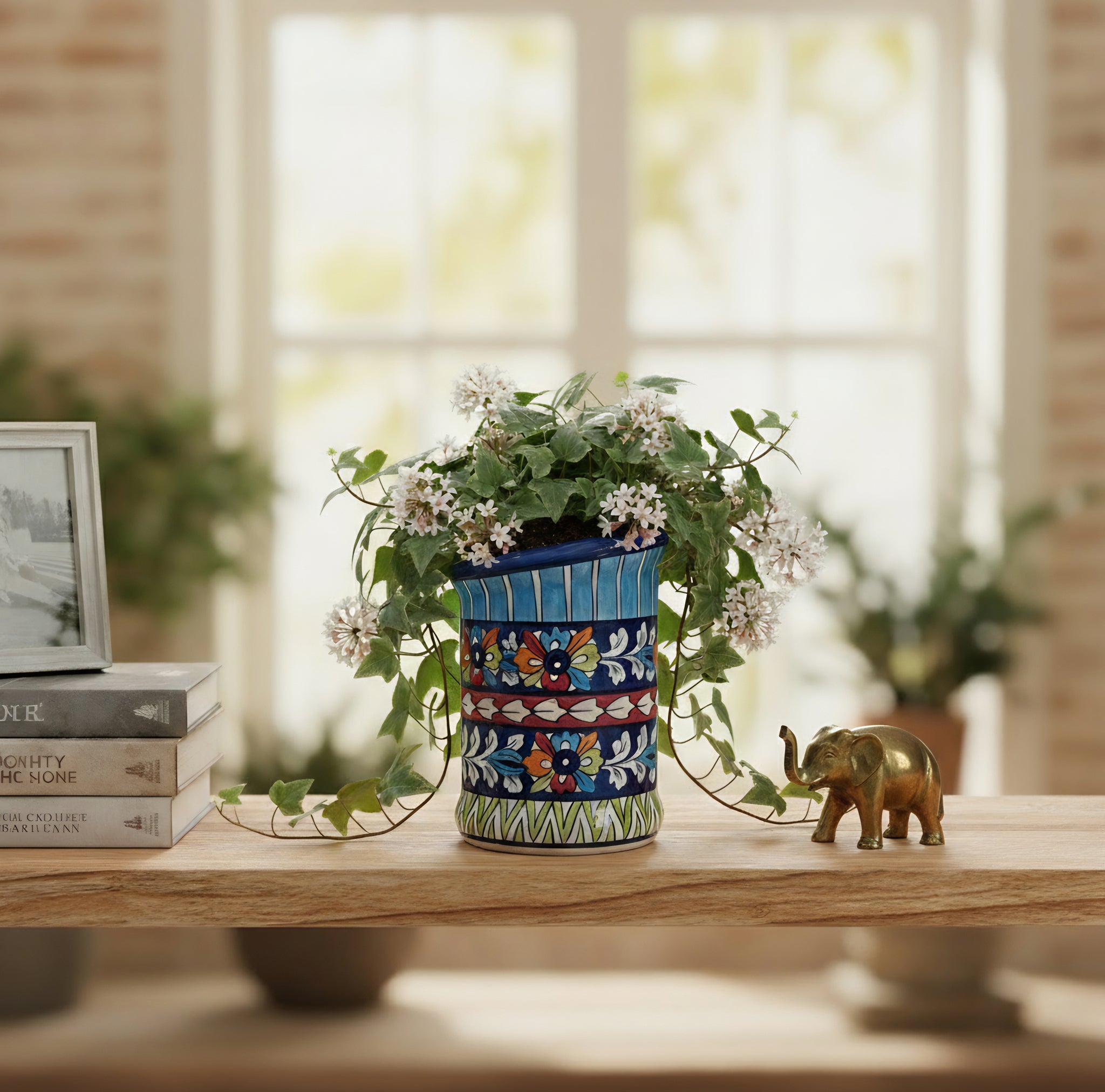 Blue Pottery Wall Planter — 6″ High × 2.5″ Deep Multani Ceramic (Floral Bands with Slant Rim)