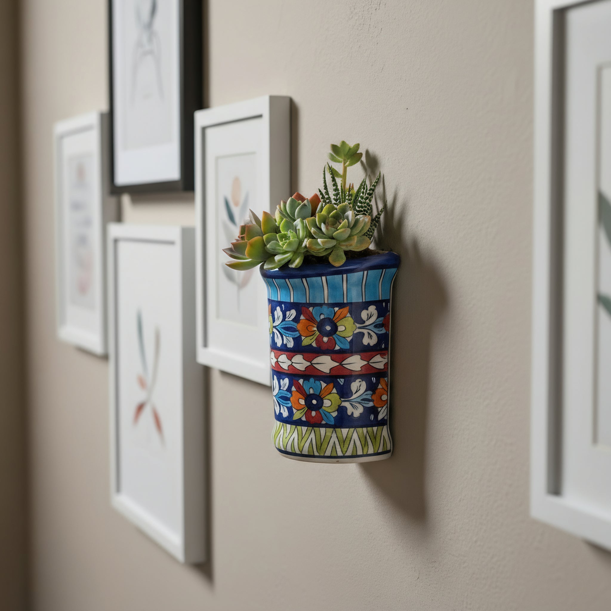 Blue Pottery Wall Planter — 6″ High × 2.5″ Deep Multani Ceramic (Floral Bands with Slant Rim)