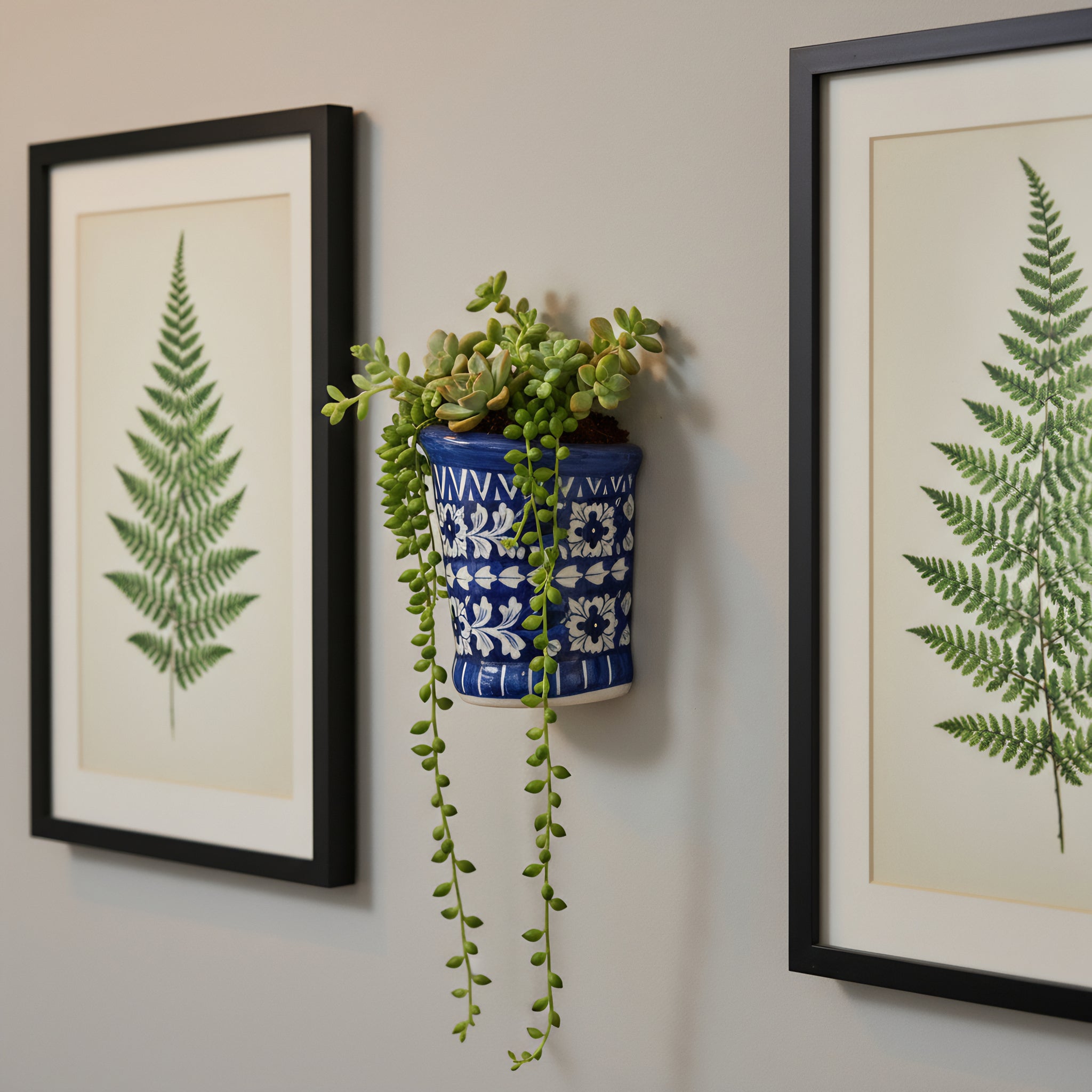 Blue Pottery Wall Planter — 6″ Multani Ceramic (Indigo Floral Vine)