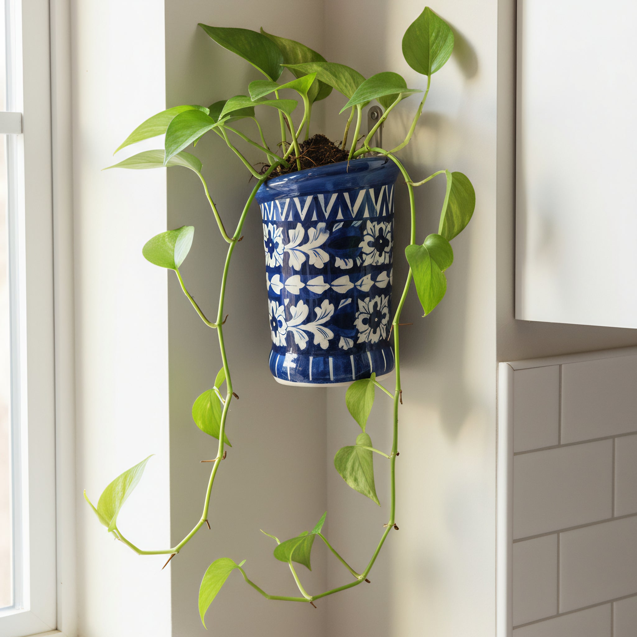 Blue Pottery Wall Planter — 6″ Multani Ceramic (Indigo Floral Vine)