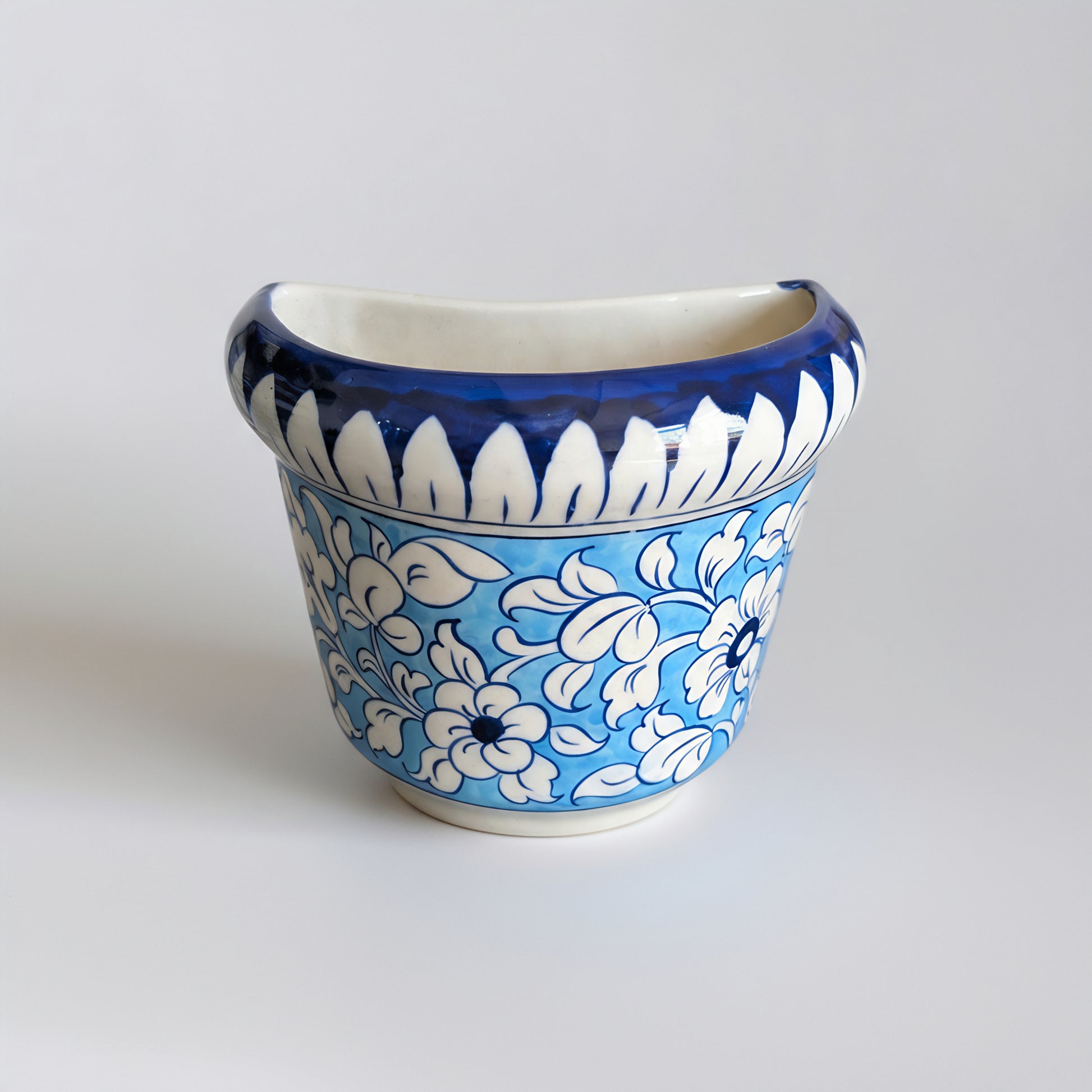 Blue Pottery Wall Planter — 5″ Multani Ceramic (Sky–Navy Floral)