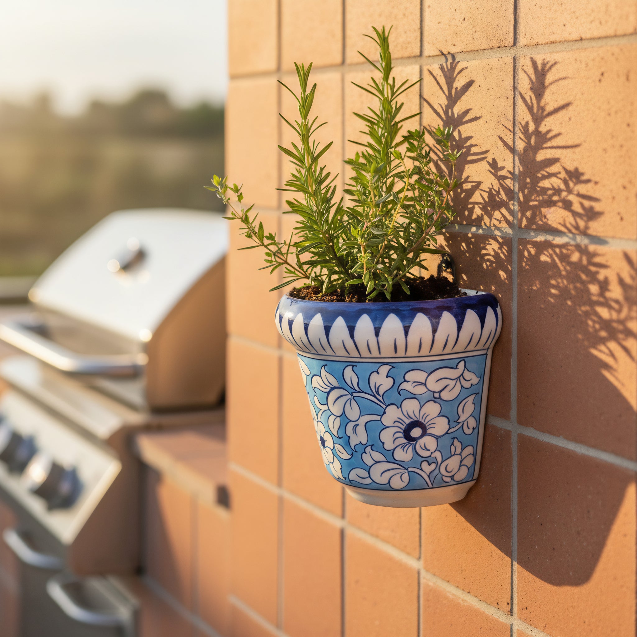 Blue Pottery Wall Planter — 5″ Multani Ceramic (Sky–Navy Floral)
