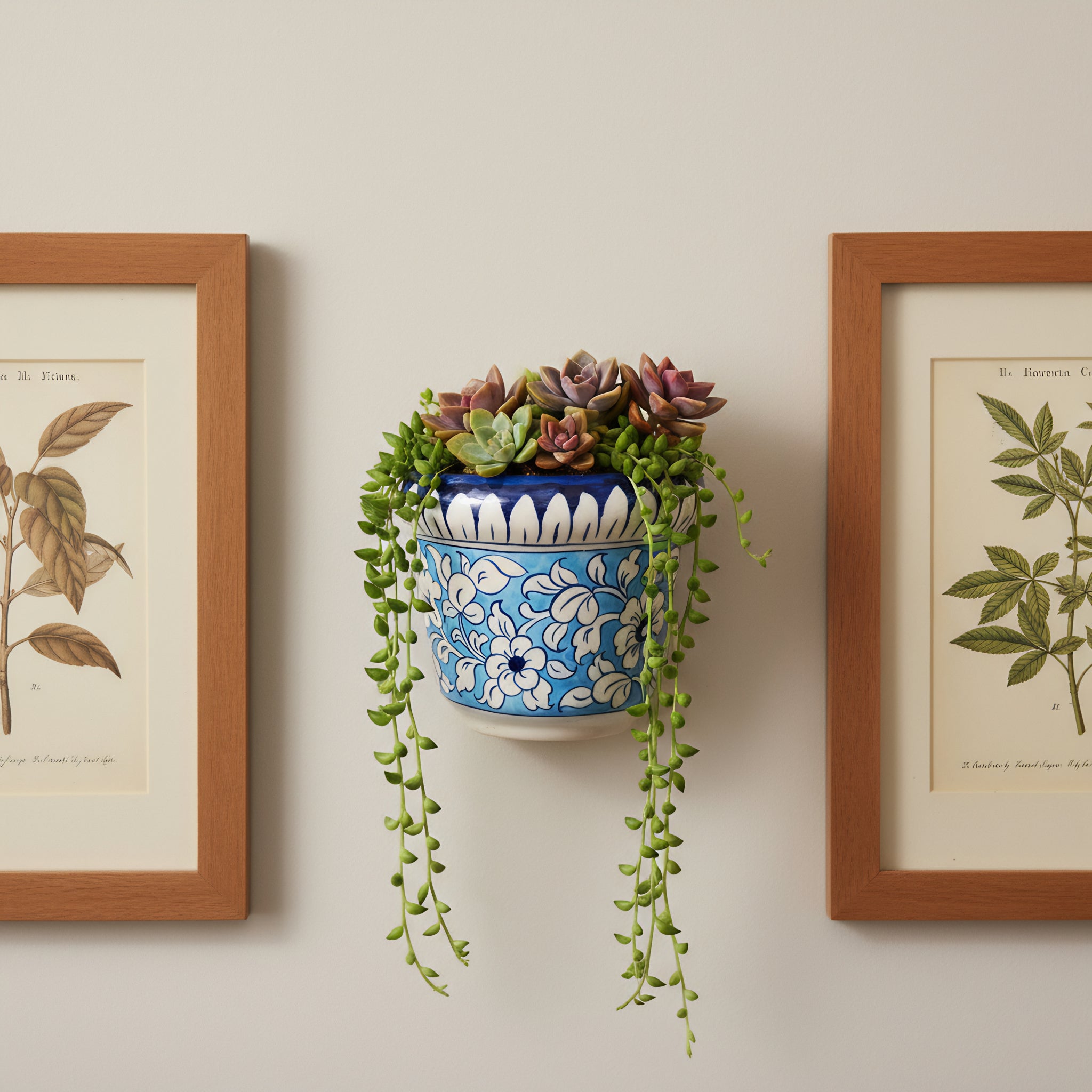 Blue Pottery Wall Planter — 5″ Multani Ceramic (Sky–Navy Floral)