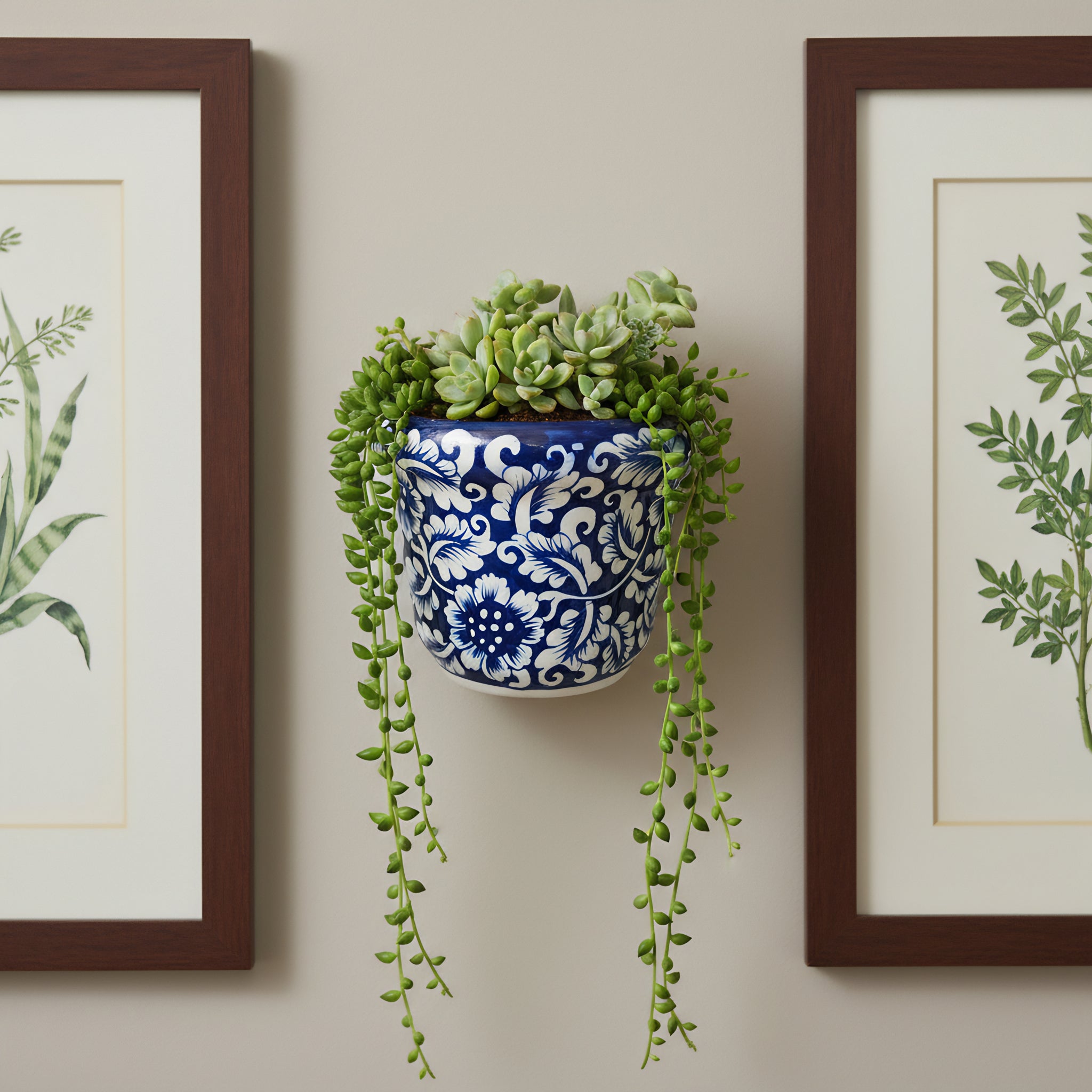 Blue Pottery Wall Planter — 5″ Multani Ceramic (Navy Floral Vine)