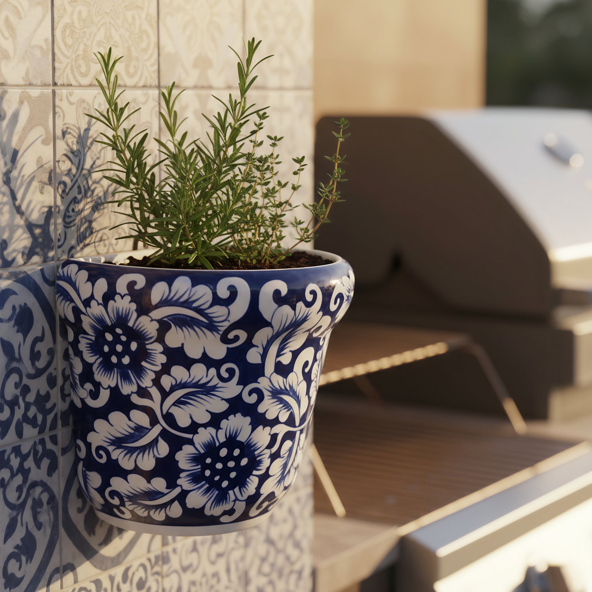 Blue Pottery Wall Planter — 5″ Multani Ceramic (Navy Floral Vine)