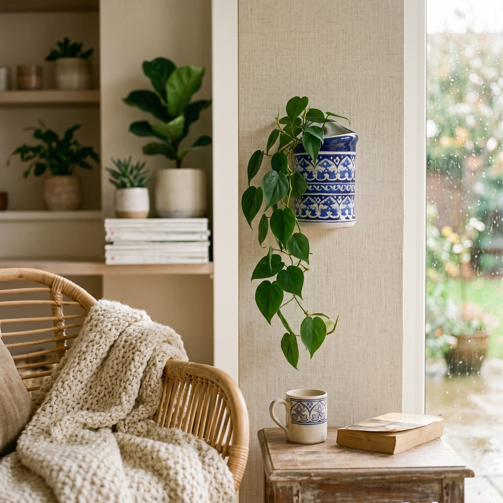 Blue Pottery Wall Planter – 7 Inch High Ceramic Hanging Planter (Slanted Rim)