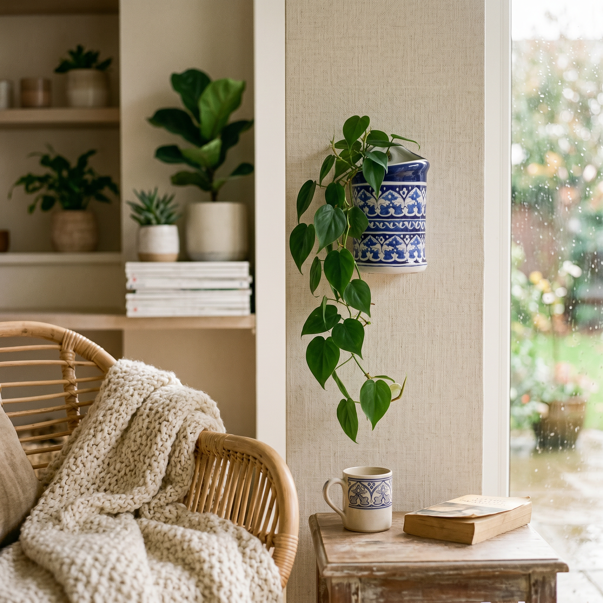 Blue Pottery Wall Planter – 7 Inch High Ceramic Hanging Planter (Slanted Rim)