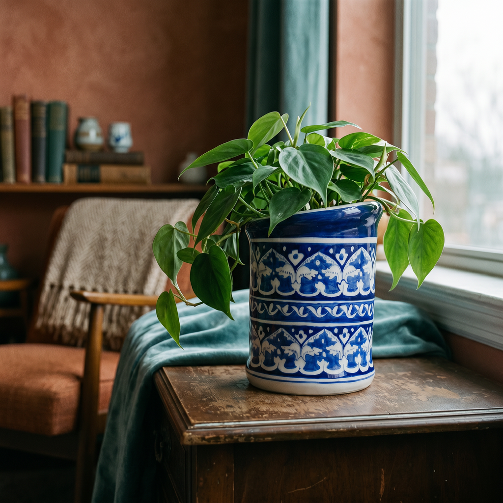 Blue Pottery Wall Planter – 7 Inch High Ceramic Hanging Planter (Slanted Rim)
