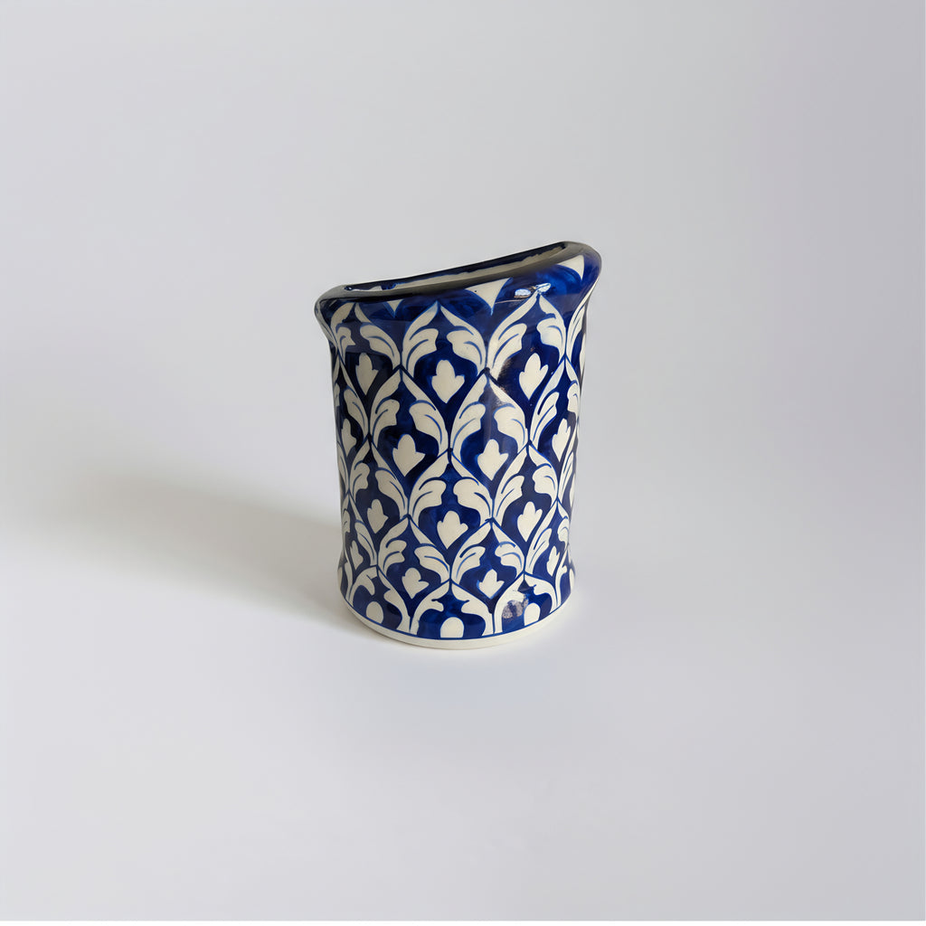 Blue Pottery Wall Planter — 6″ Multani Ceramic (Navy Lattice Motif)