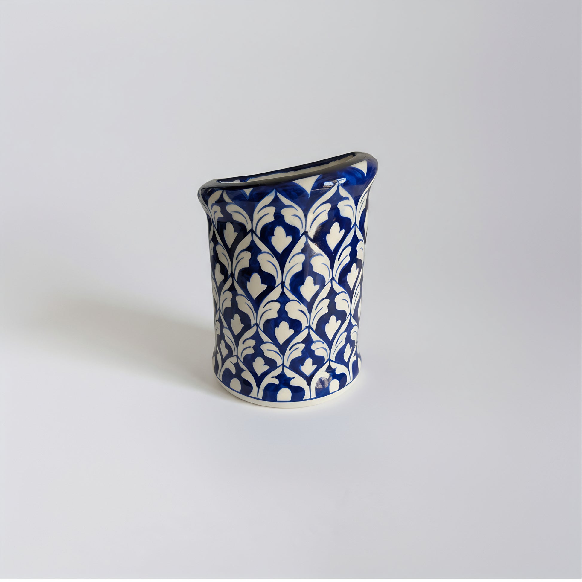 Blue Pottery Wall Planter — 6″ Multani Ceramic (Navy Lattice Motif)