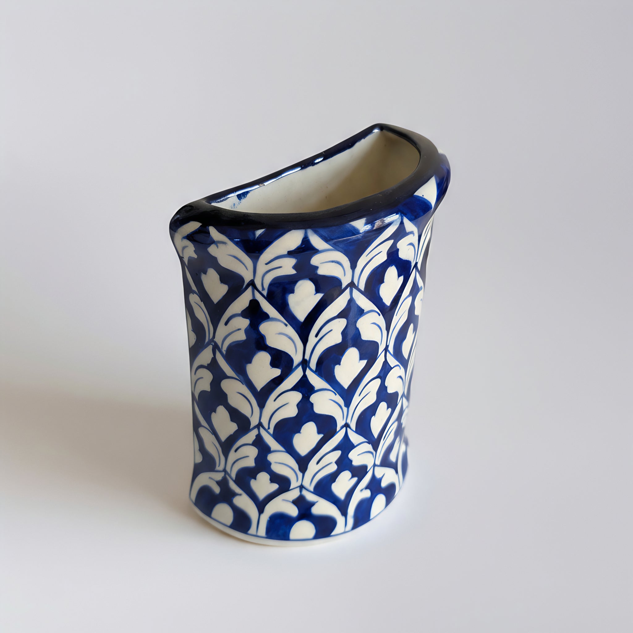 Blue Pottery Wall Planter — 6″ Multani Ceramic (Navy Lattice Motif)